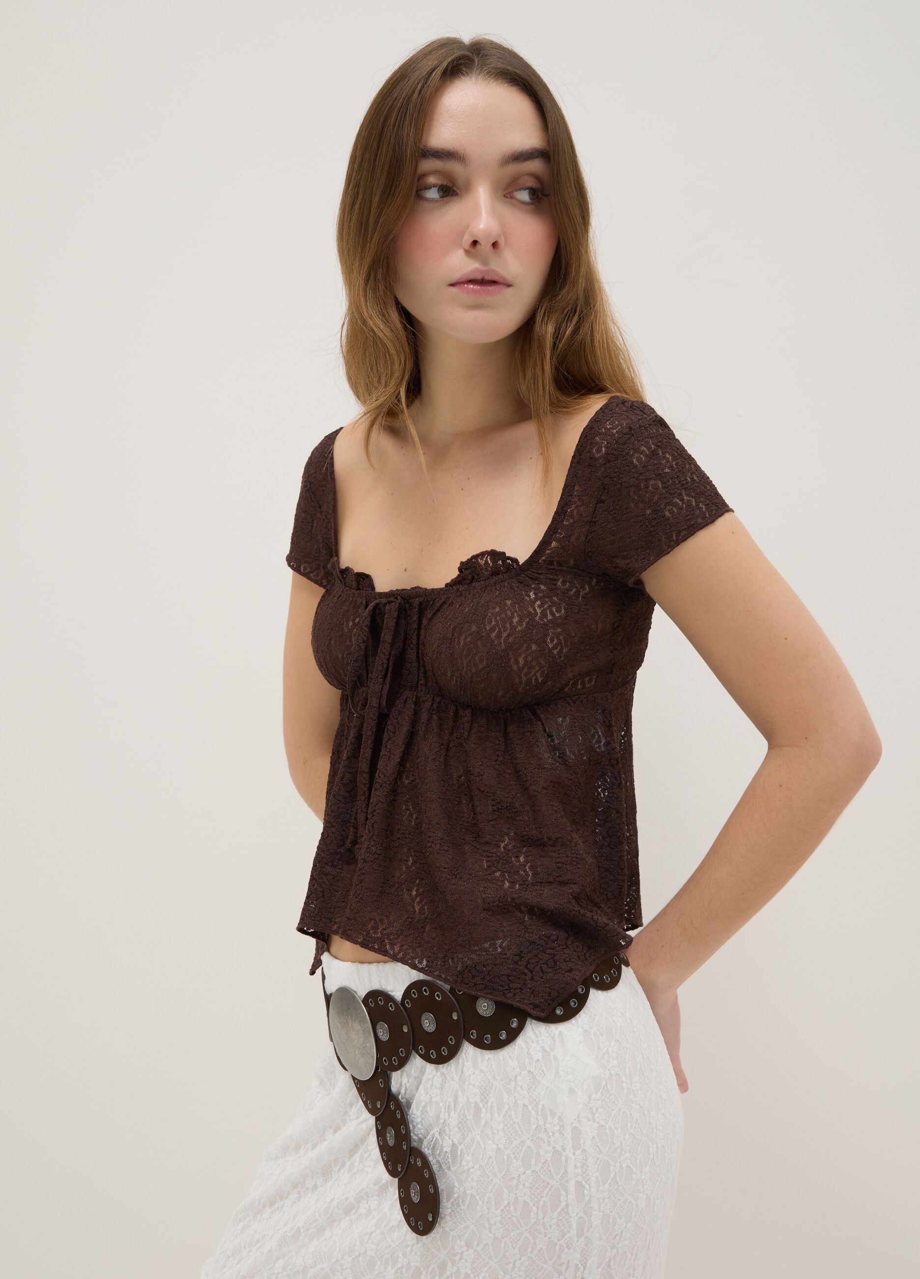 Brown lace regular fit t-shirt with bow