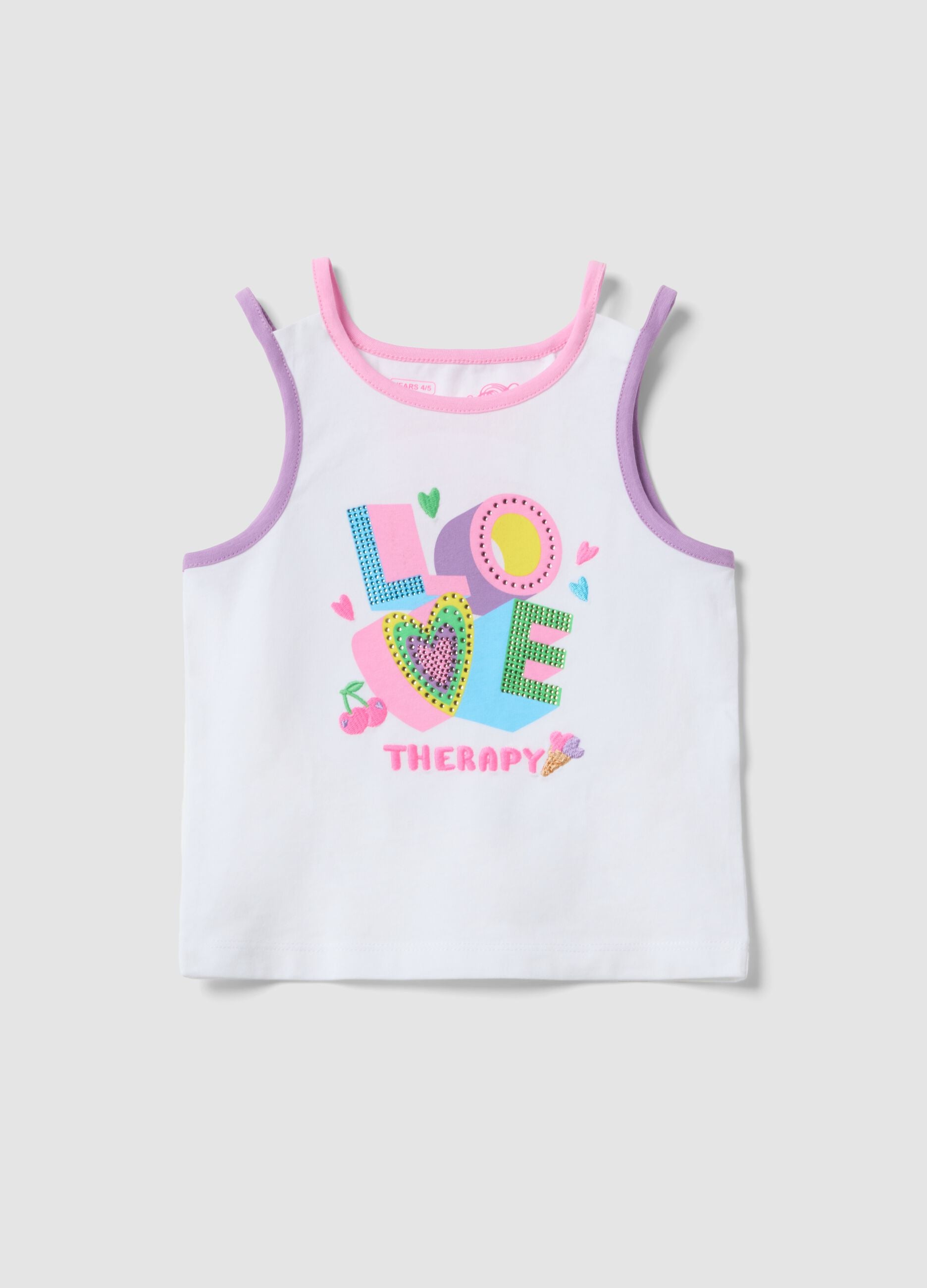 Tank top bianco in cotone elasticizzato con stampa per bambina regular fit