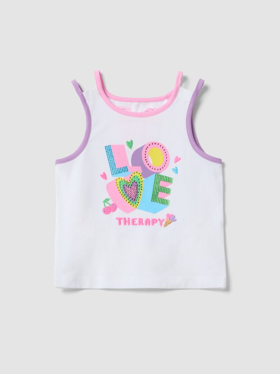 Tank top bianco in cotone elasticizzato con stampa per bambina regular fit_0