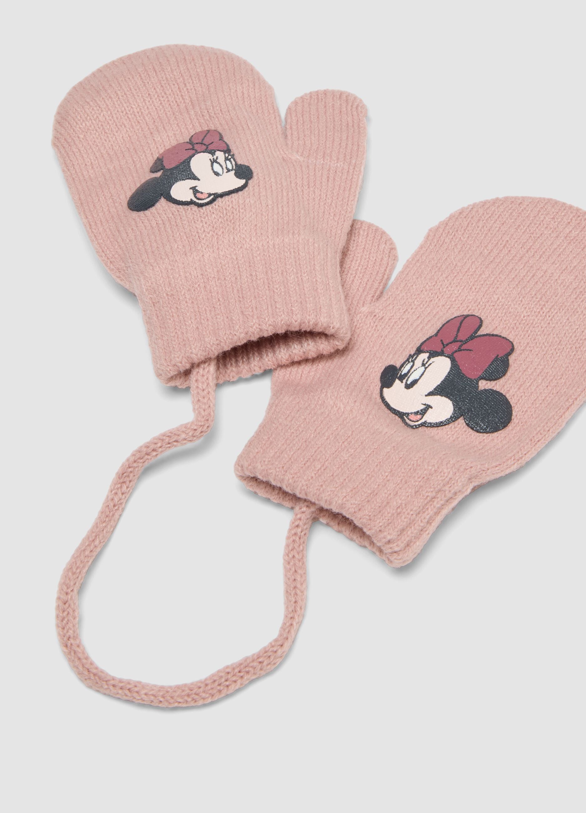 Conjunto roxo em tecido el&aacute;stico com gorro e luvas com tema Minnie