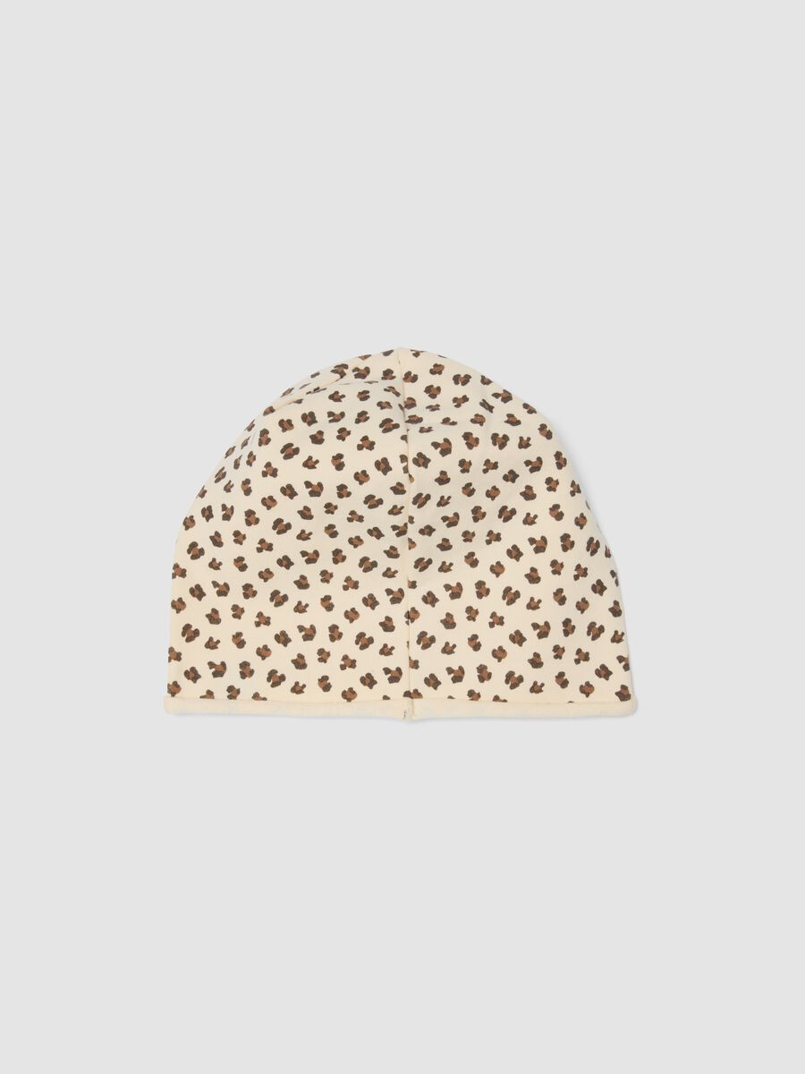 Beige stretch cotton hat with animal print for girls_1