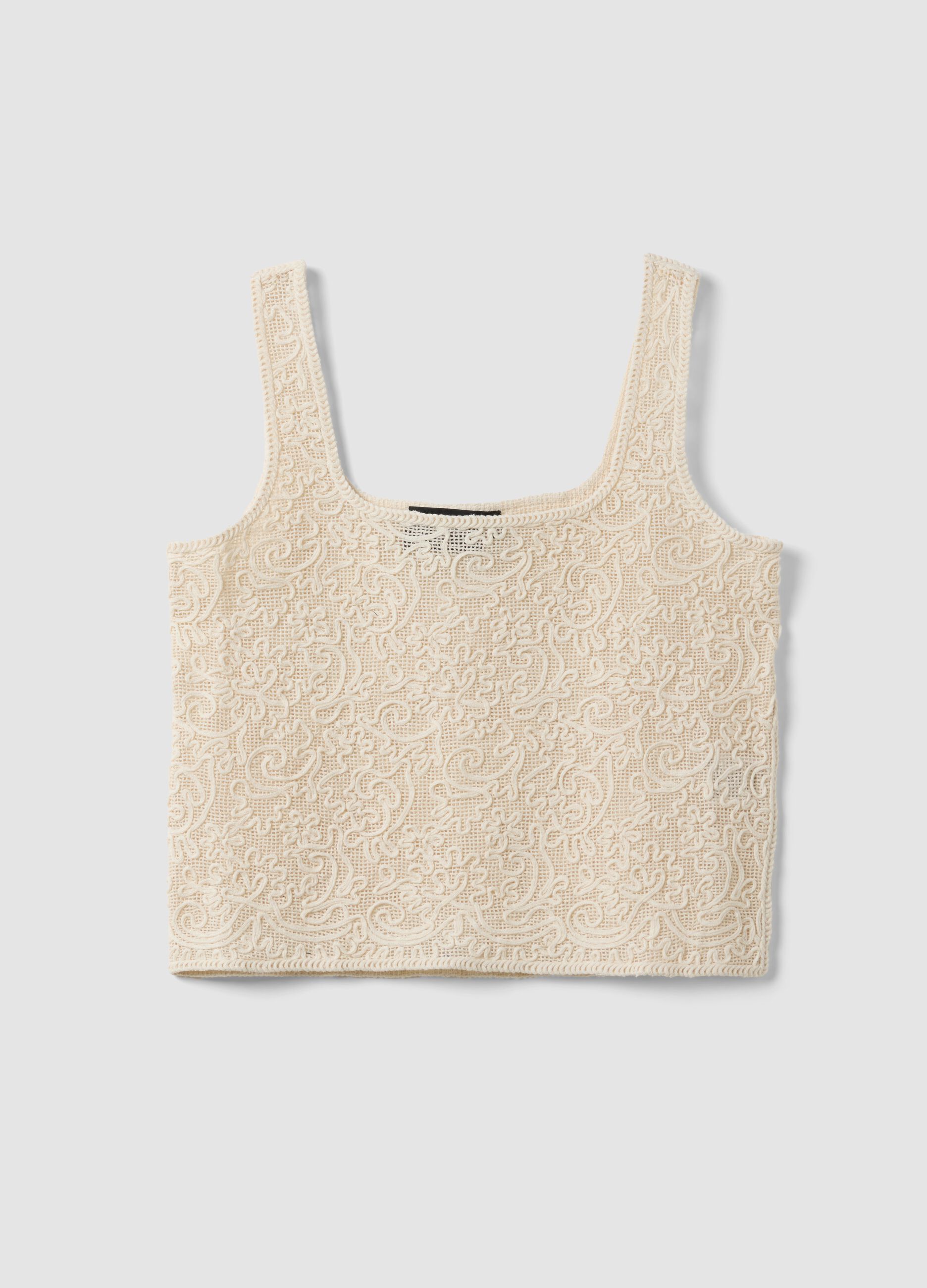 Beige cotton-blend regular-fit tank top with embroidery and mesh