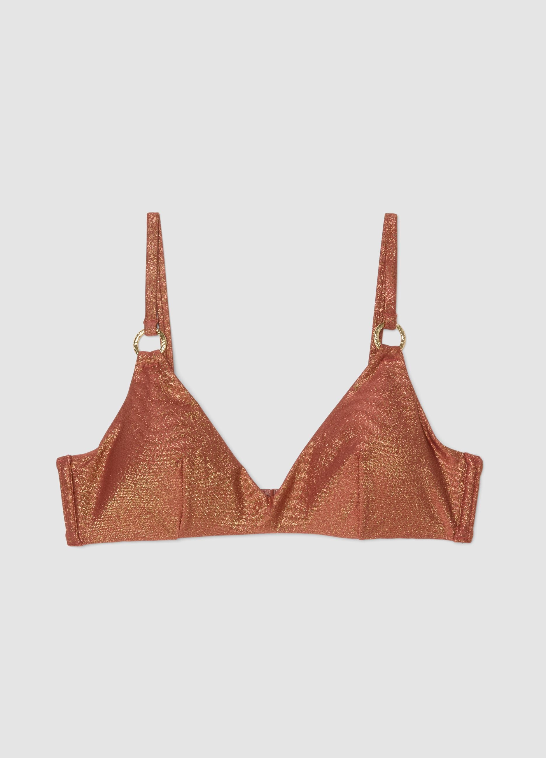 Brown stretch bikini top with padded cups and glitter texture