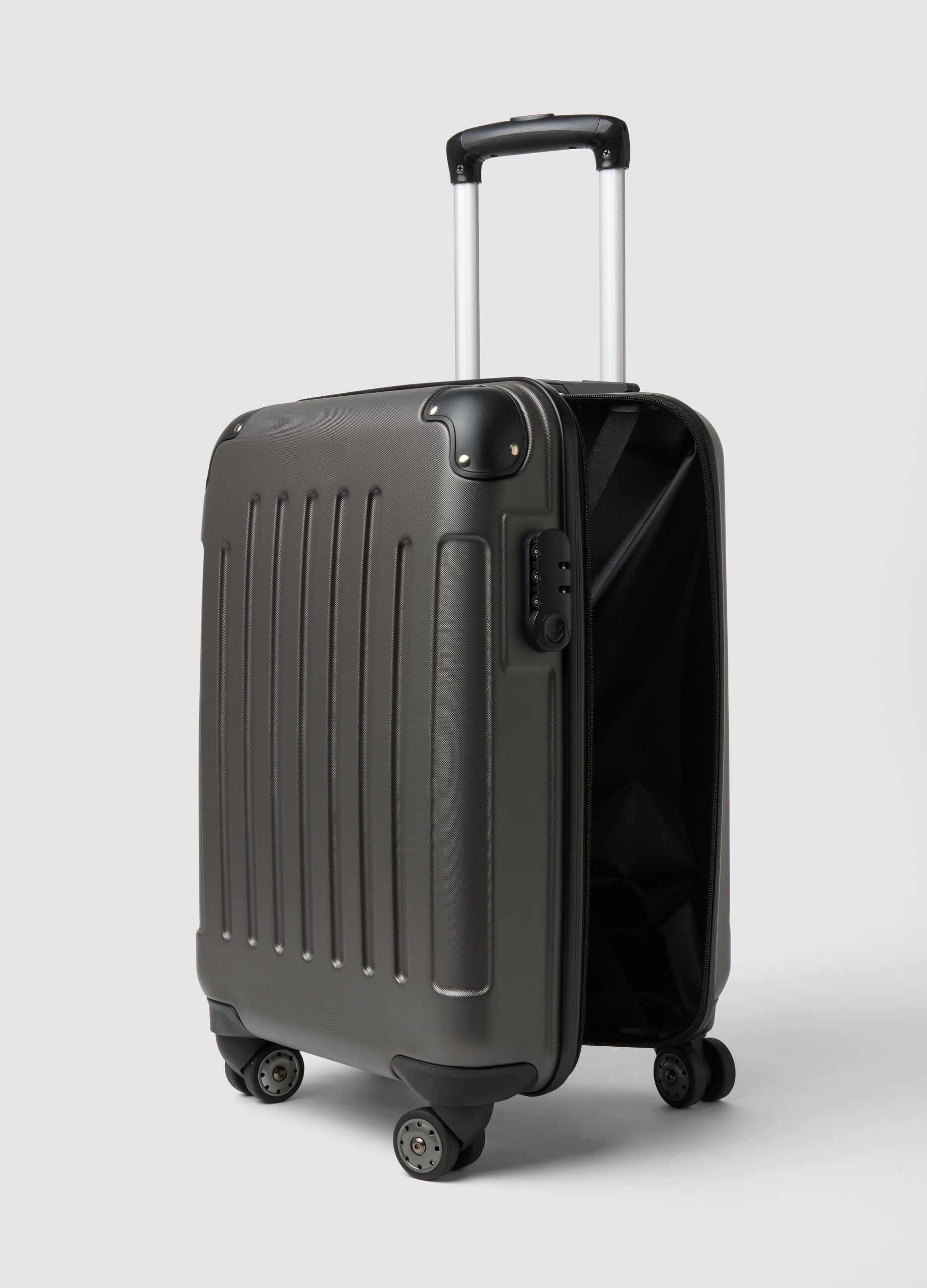 Grey hard-shell travel trolley suitcase with wheels