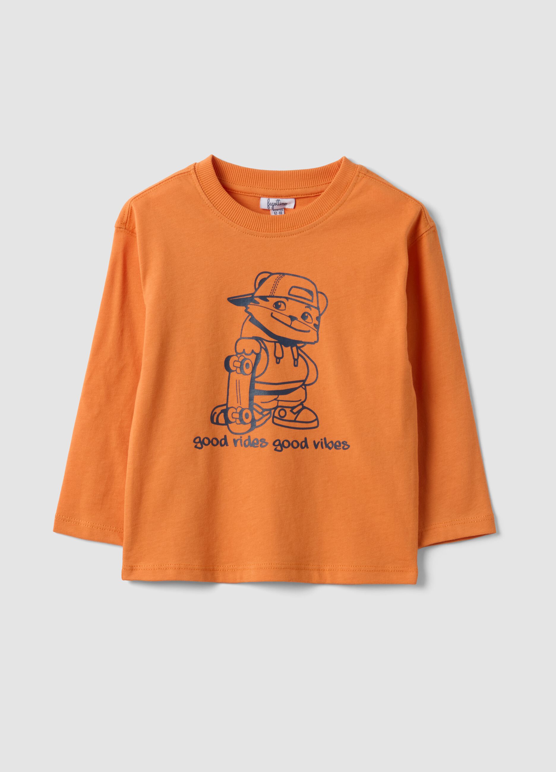 Orange oversized organic cotton jersey T-shirt with print for boys