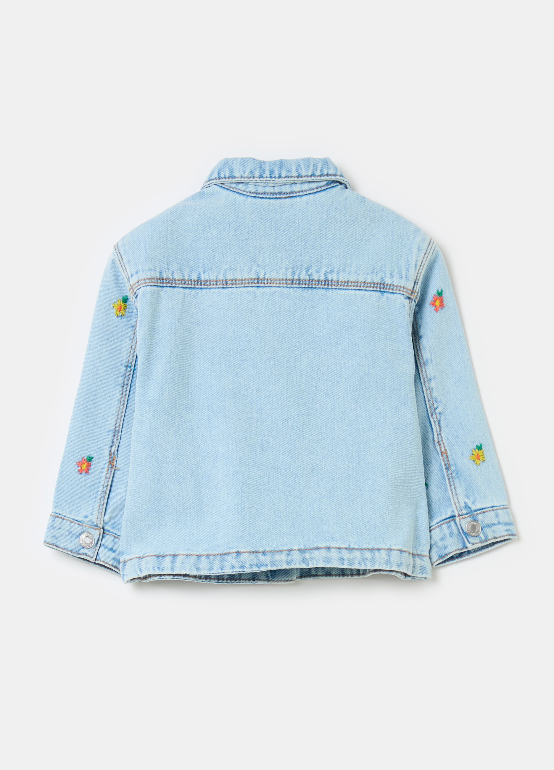 Short jacket in denim with small flowers embroidery