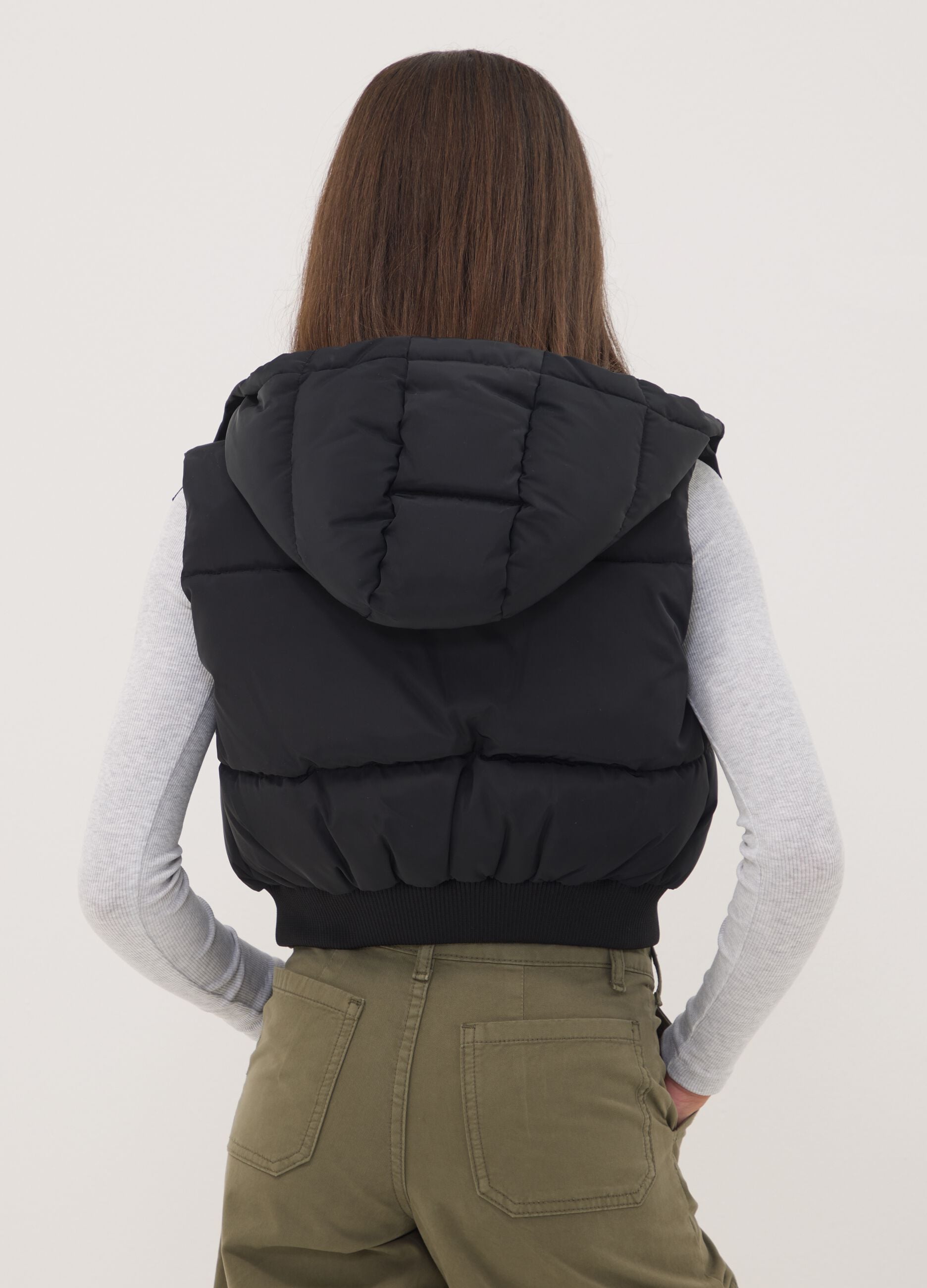 Black padded gilet with hood and zip