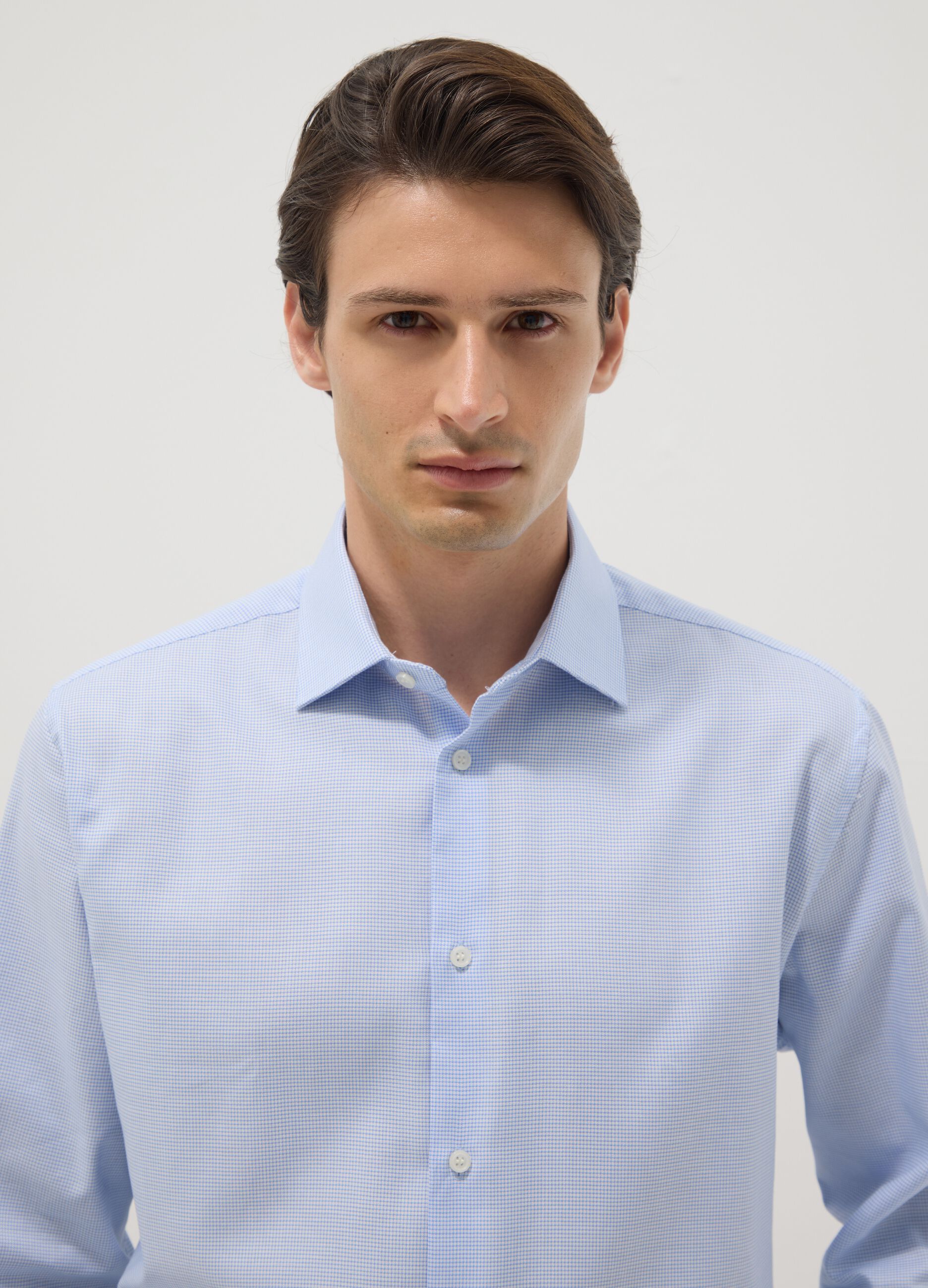 Light blue pure cotton regular fit shirt with micro-checks