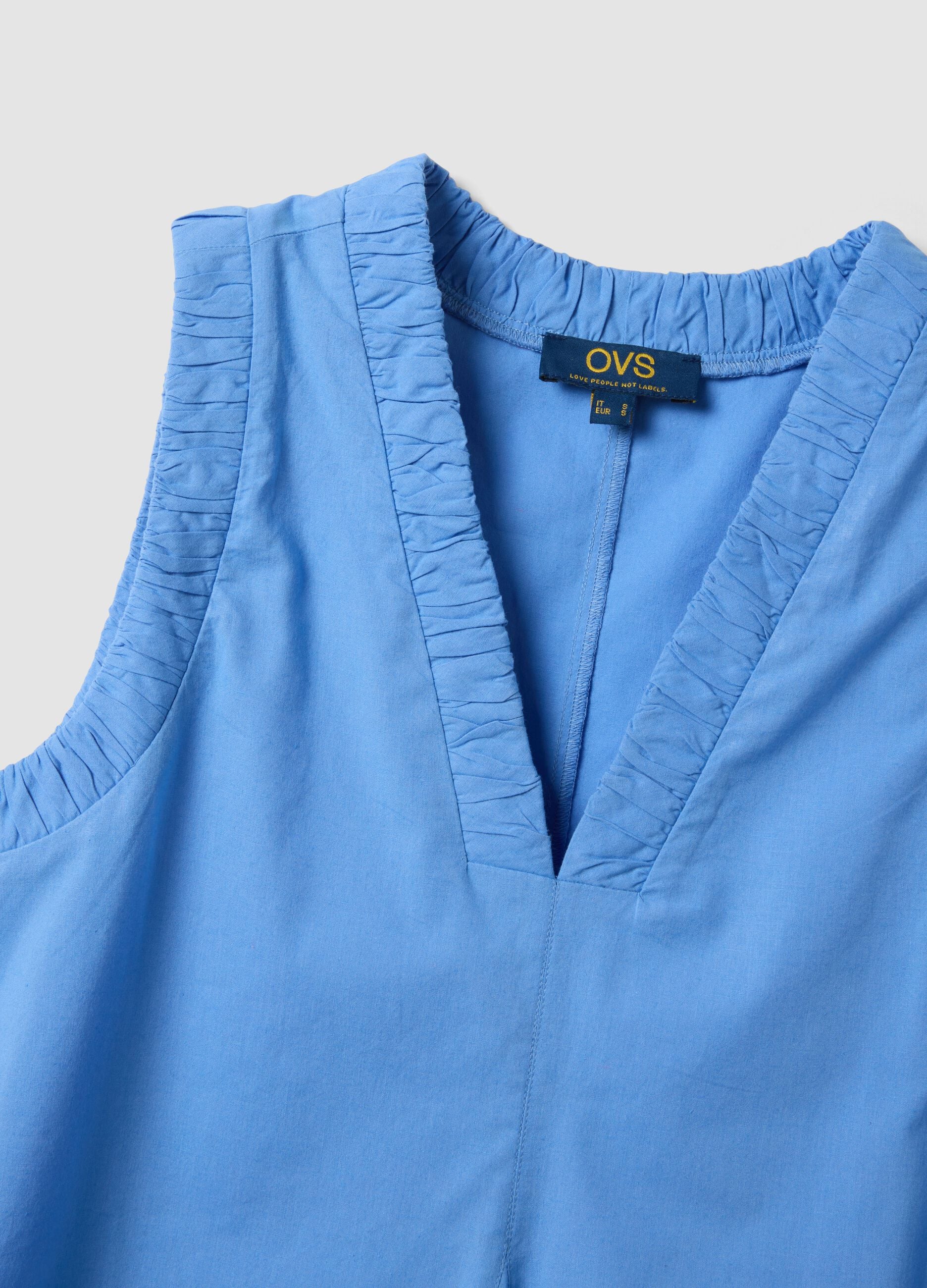 Light Blue Pure Cotton Regular Mini Dress with Ruched V-Neck