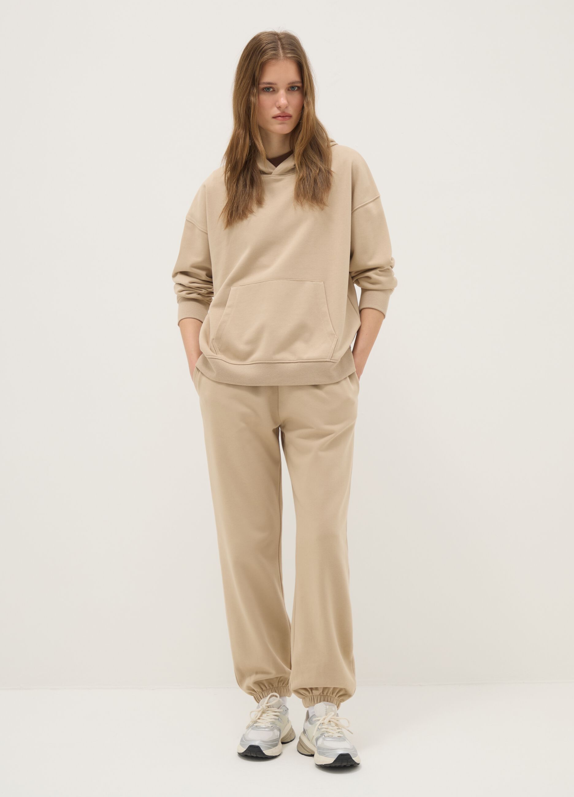 Beige cotton blend regular fit jogger trousers