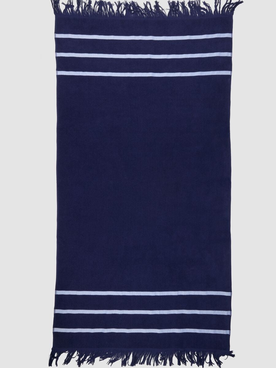 Serviette de plage bleue en coton m&eacute;lang&eacute; avec franges_1