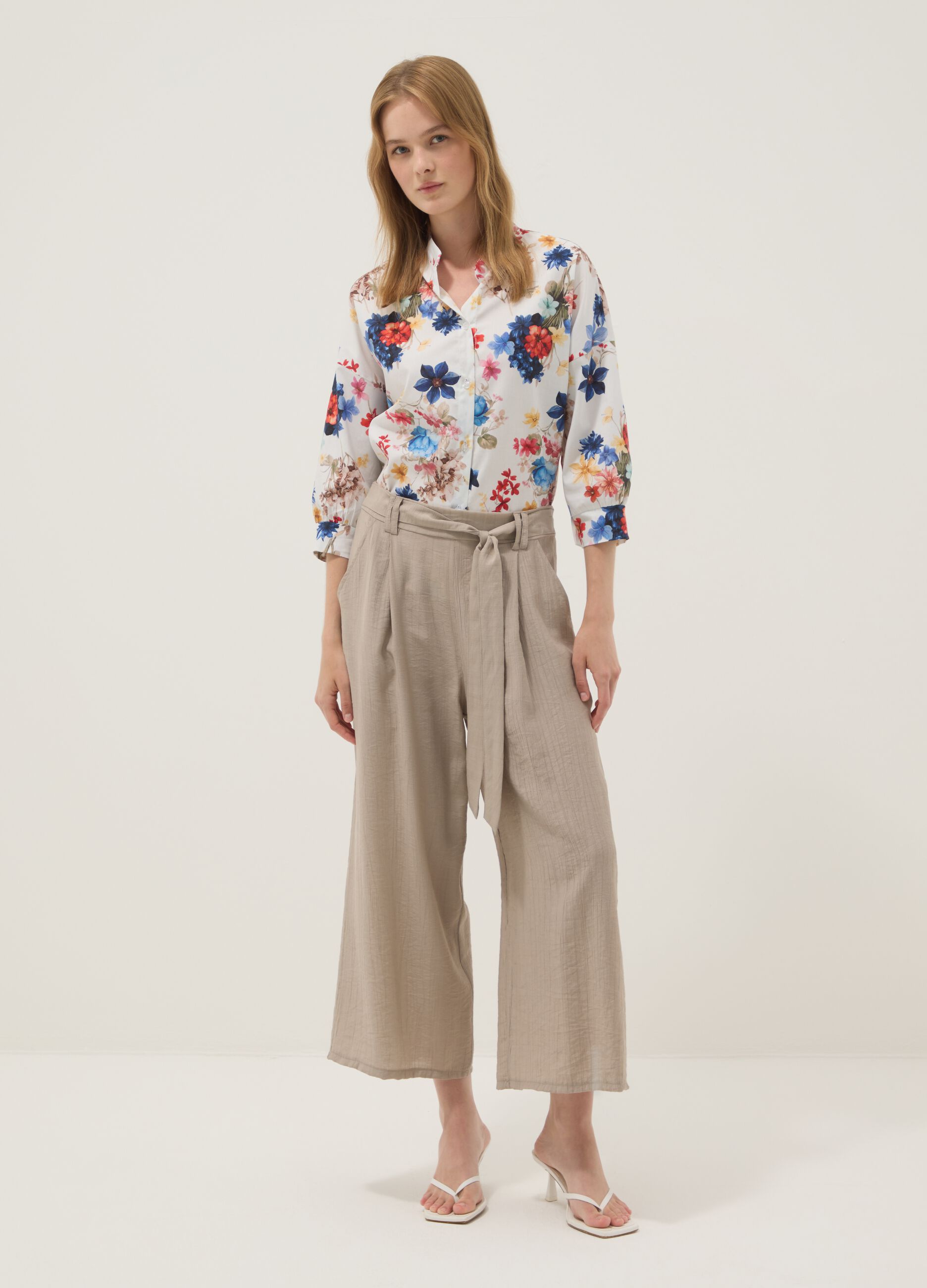 Beige viscose-blend trousers with belt