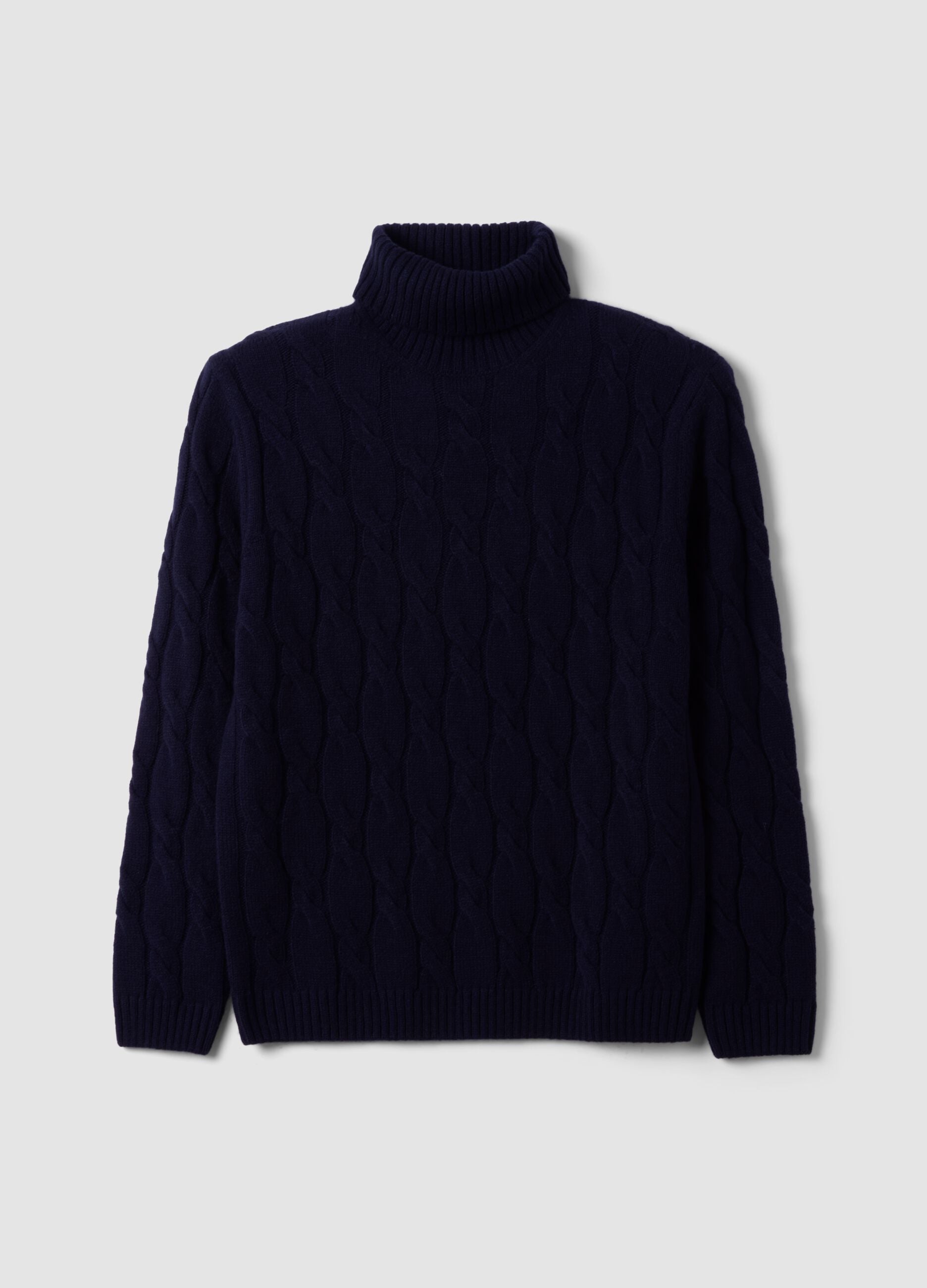 Navy blue cable-knit wool-blend regular-fit roll-neck jumper