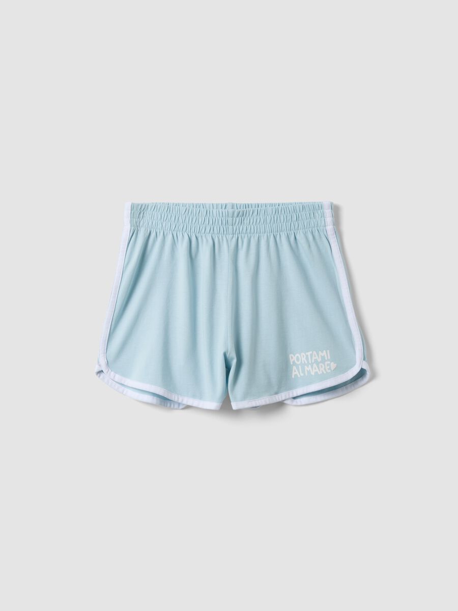 Short bleu azur en pur coton pour fille, coupe slim, avec liser&eacute;s blancs_0