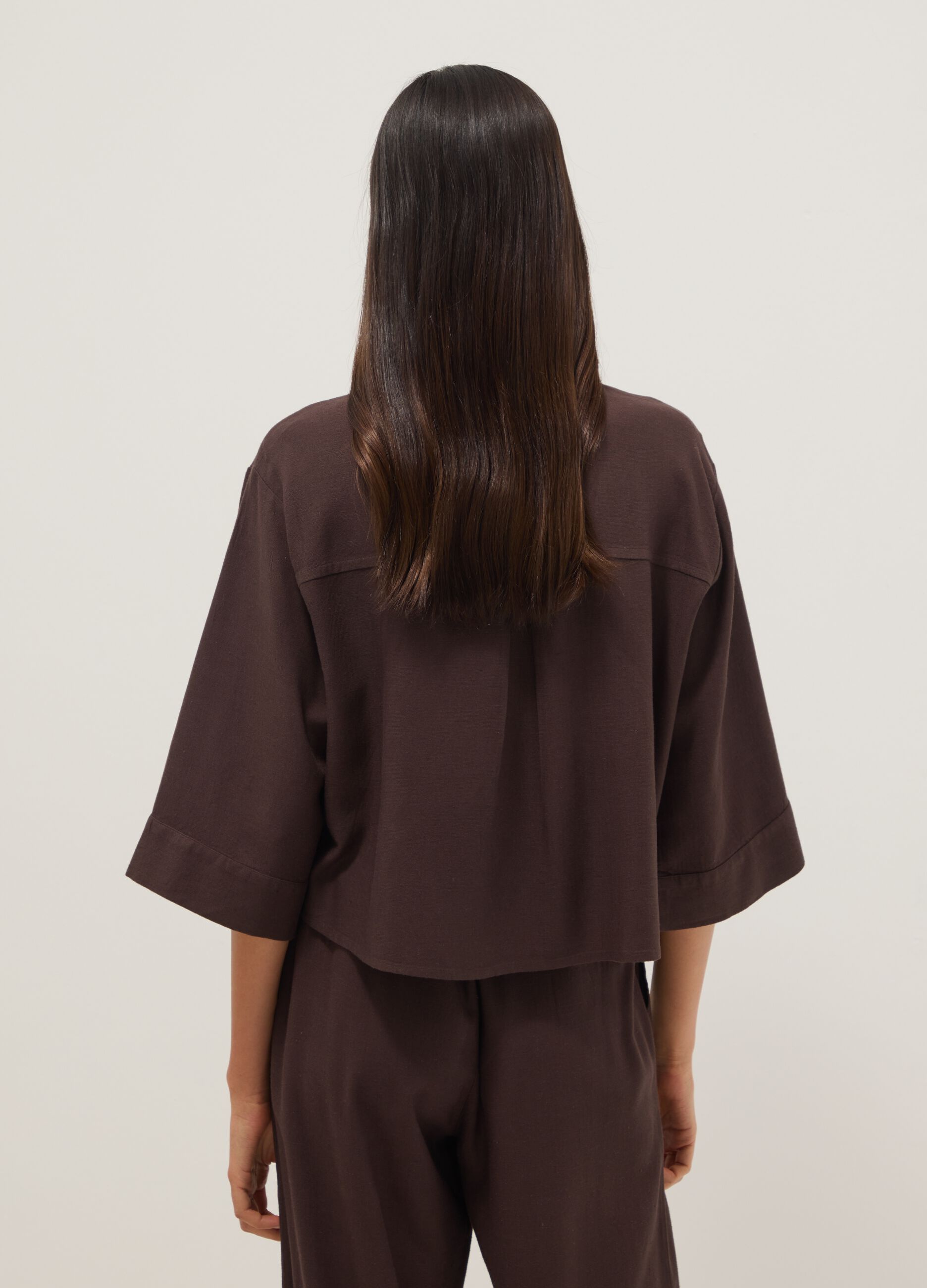 Brown viscose and linen blend shirt, regular fit