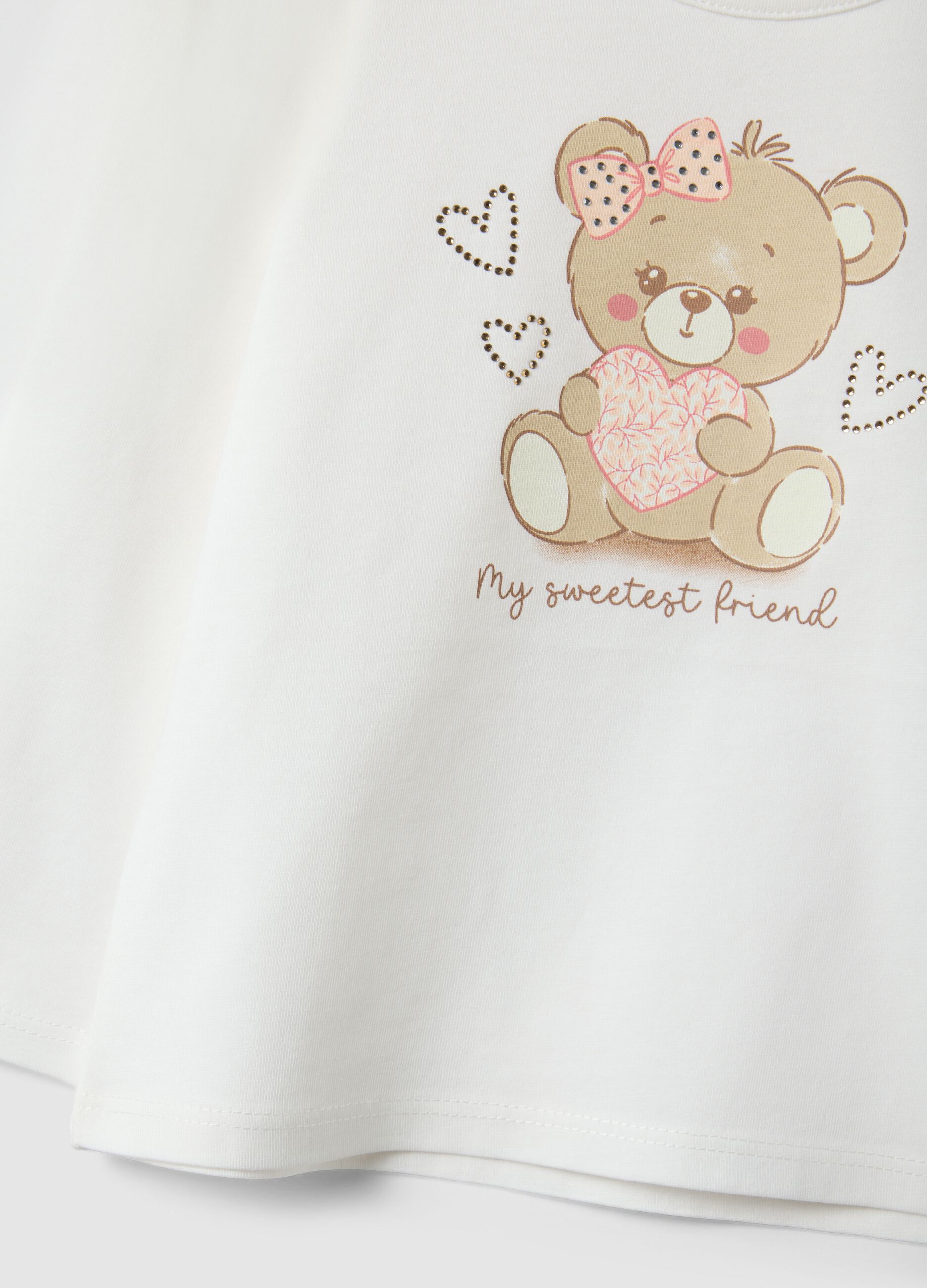 Girls&rsquo; white pure cotton regular-fit T-shirt with teddy bear motif