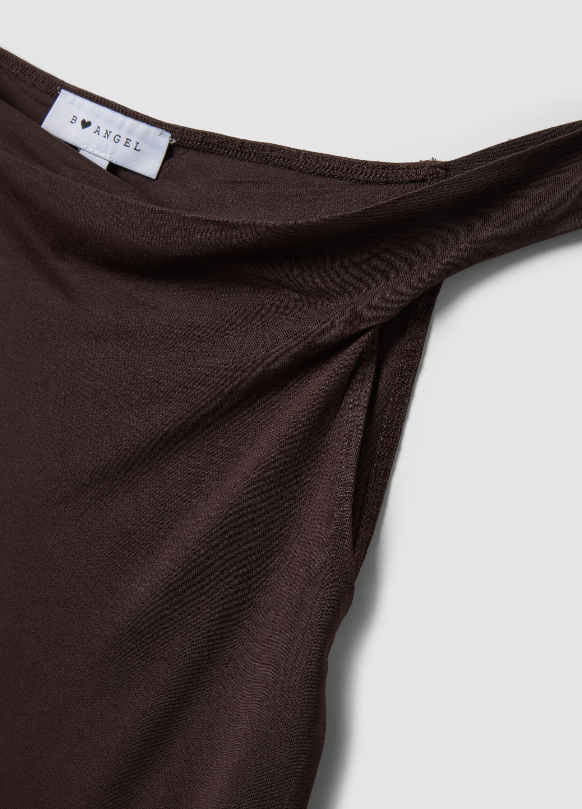 Brown stretch viscose T-shirt with Bardot neckline