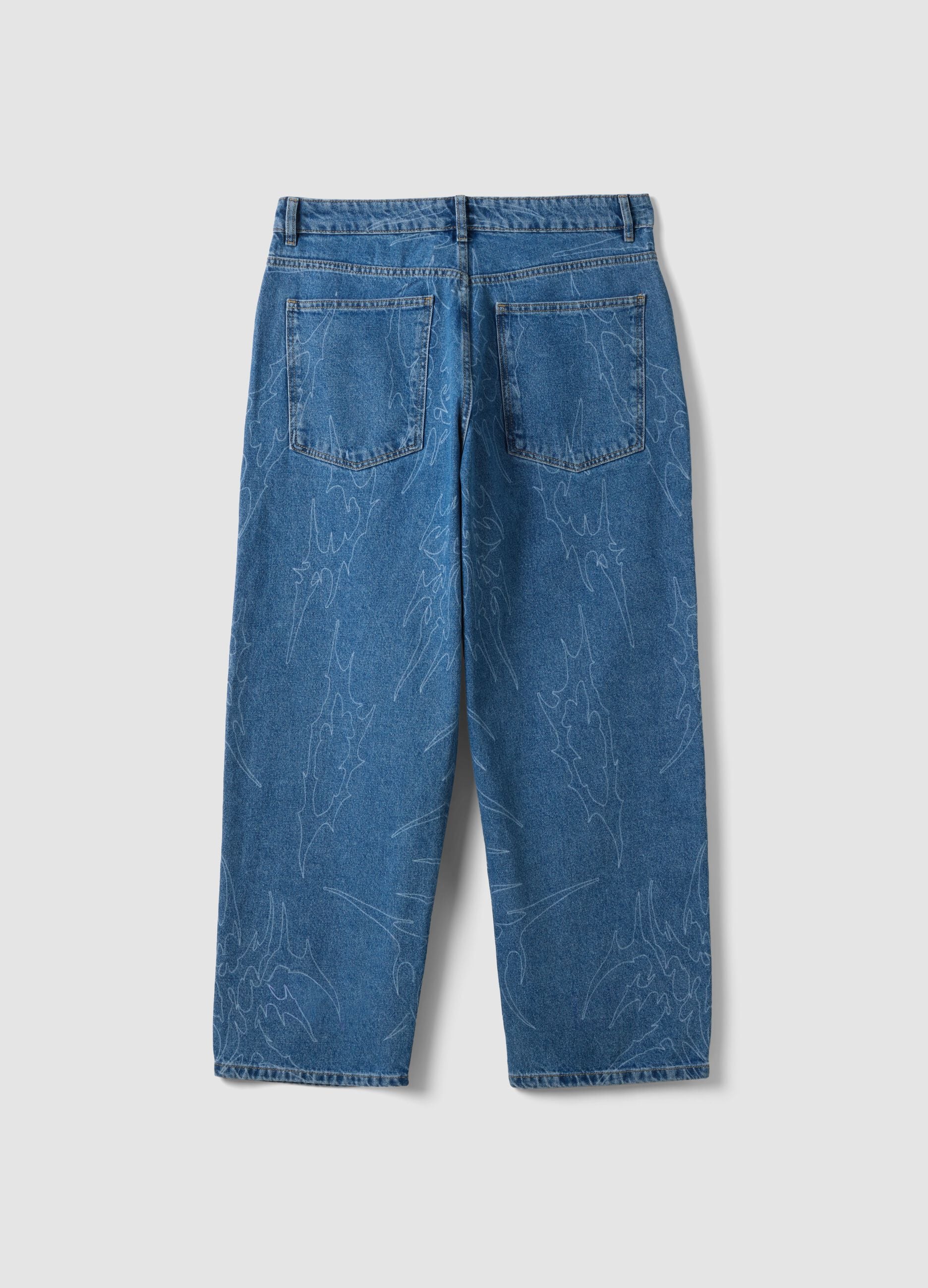 Blue denim baggy-fit jeans in pure cotton with all-over print