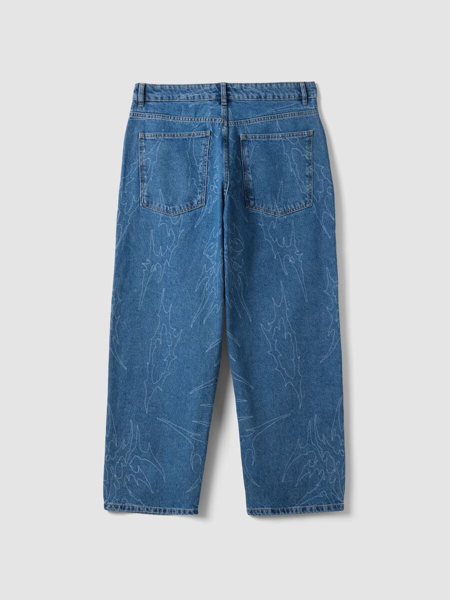 Blue denim baggy-fit jeans in pure cotton with all-over print_1