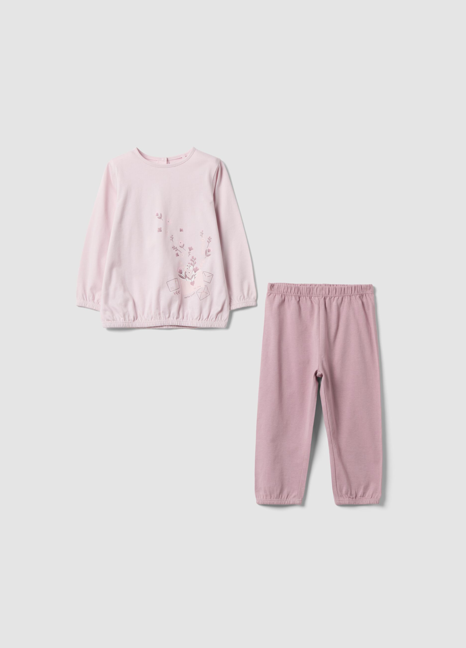 Pigiama rosa in puro cotone jersey organico con maglia e pantaloni per neonata e bimba