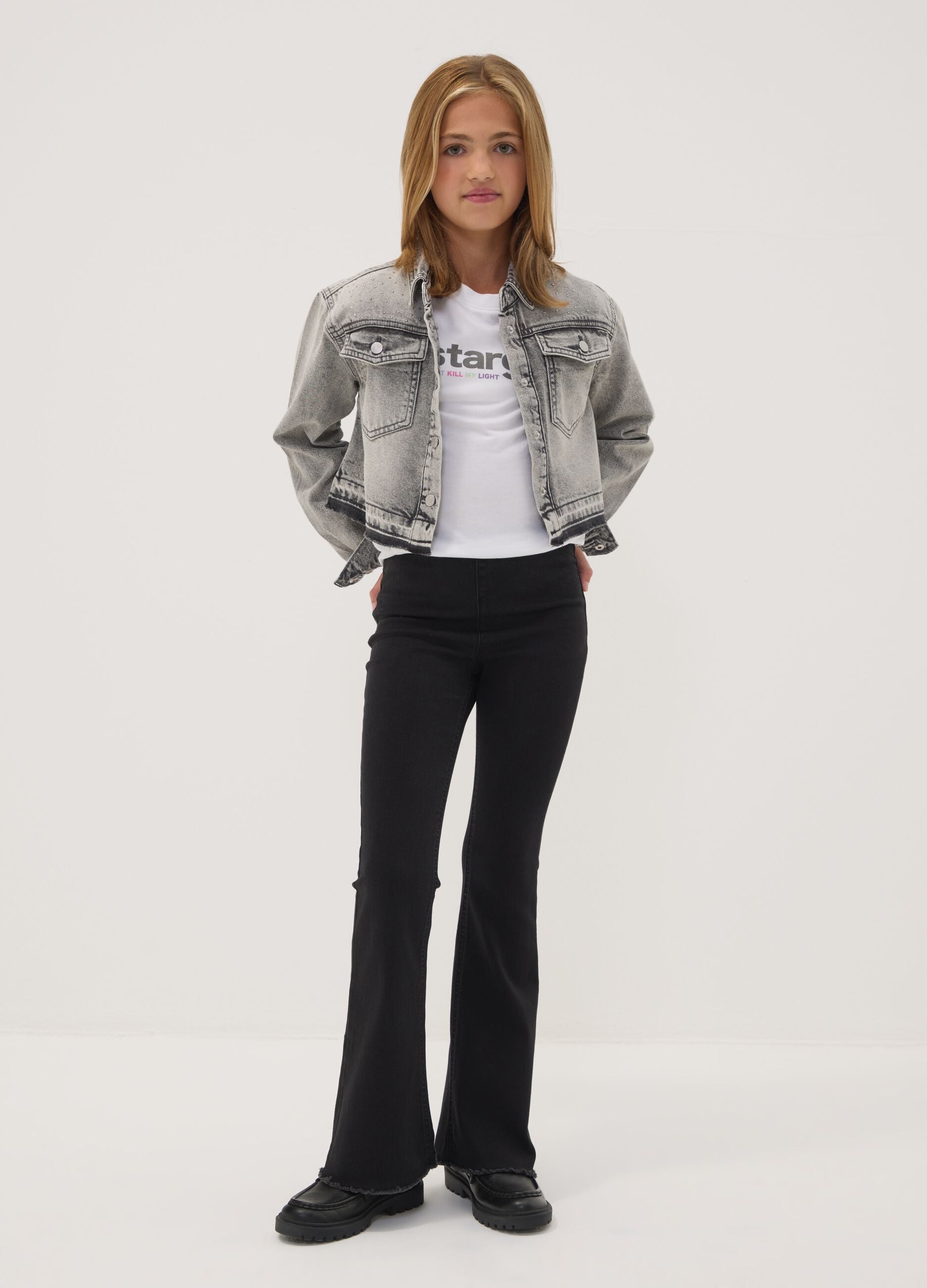 Girls&rsquo; black flared jeggings in stretch cotton and viscose
