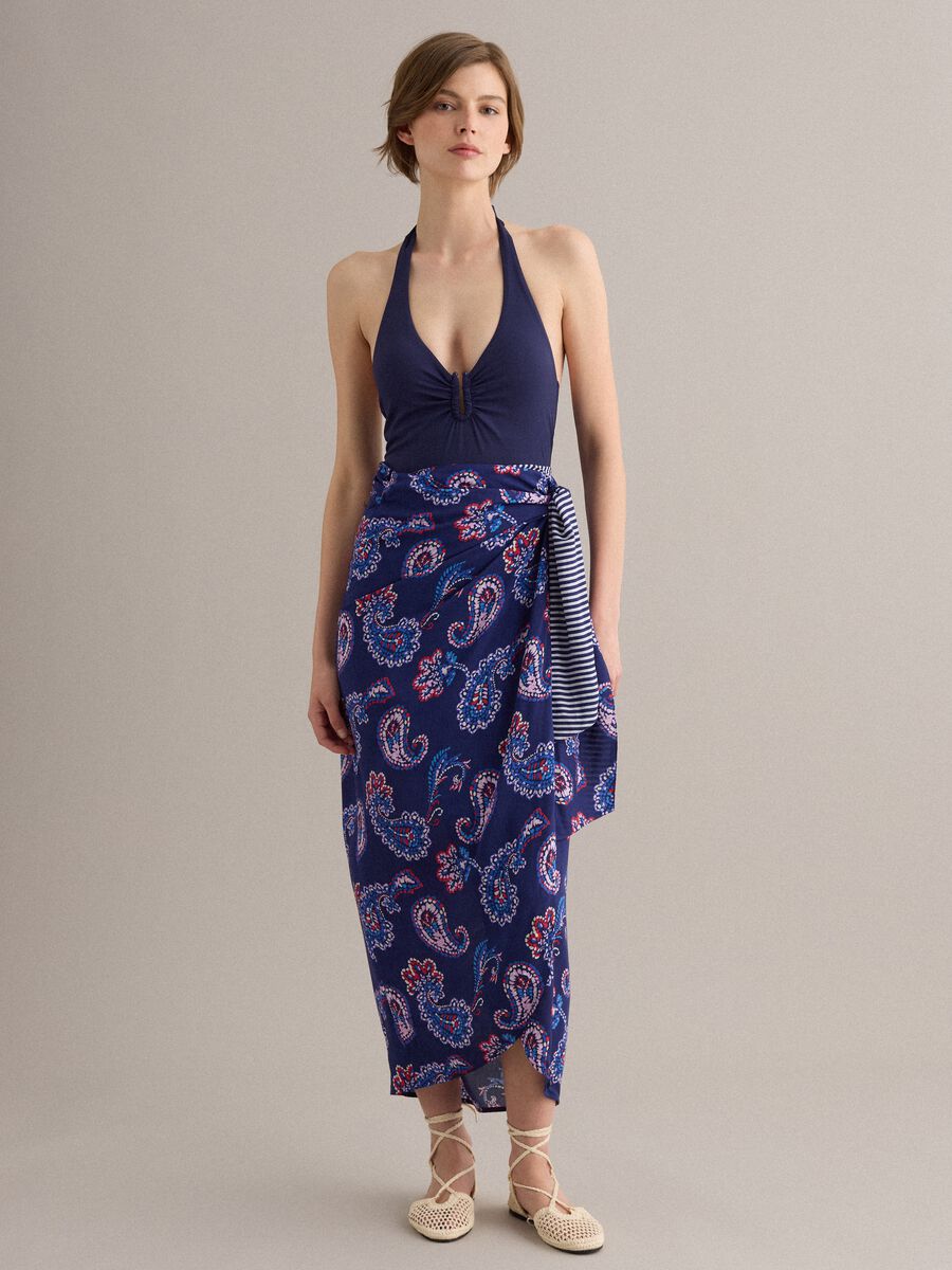 Blue pure viscose pareo with paisley print_0