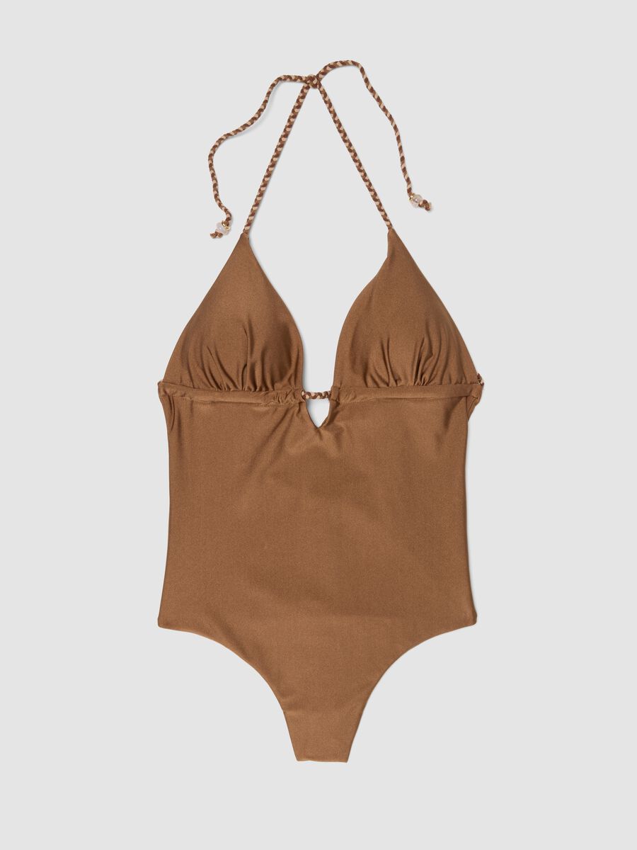 Maillot de bain une pi&egrave;ce marron en tissu stretch avec liens tress&eacute;s_5