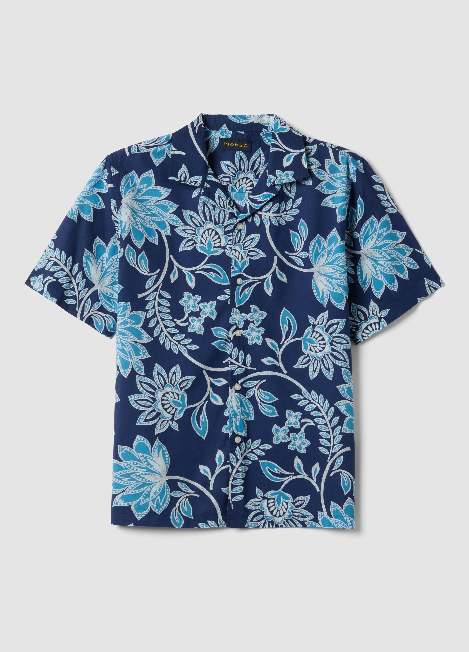 Men&rsquo;s organic cotton blue short-sleeve shirt with floral print