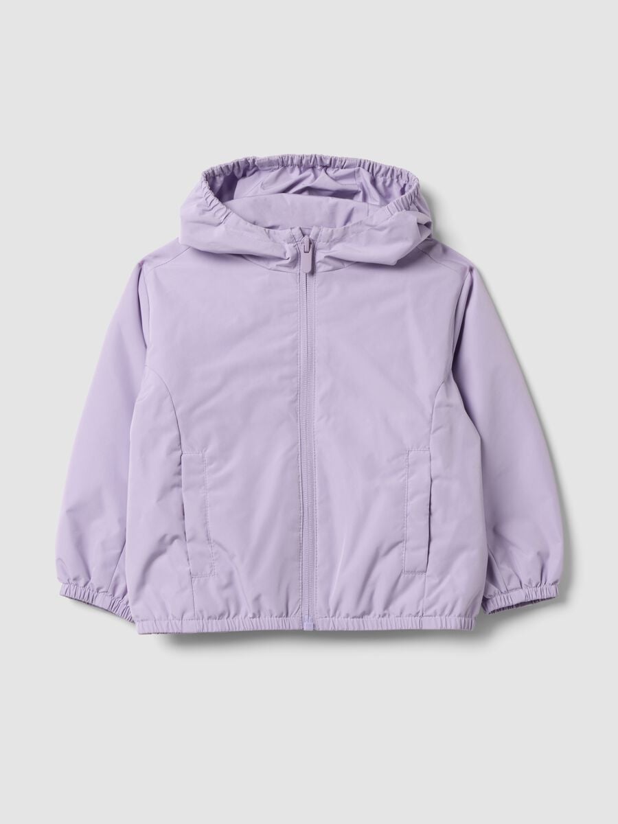 Giacca antipioggia viola con cappuccio e zip per bimba_0