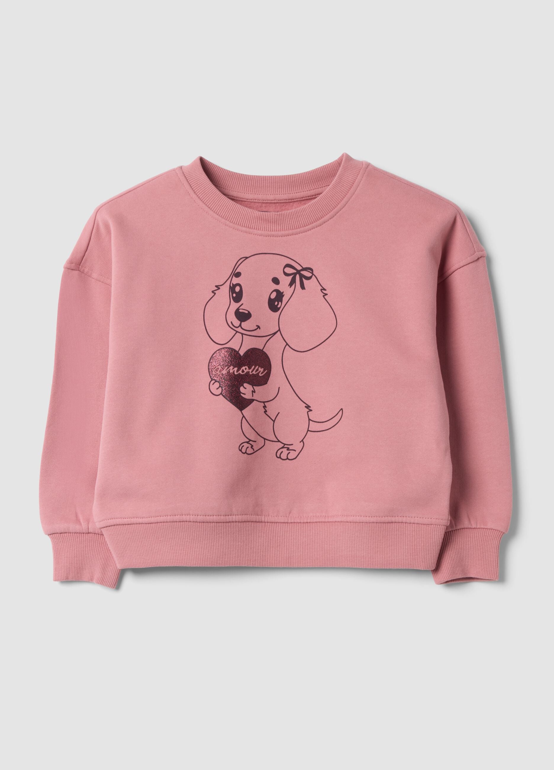 Felpa rosa in puro cotone con girocollo e stampa cagnolino