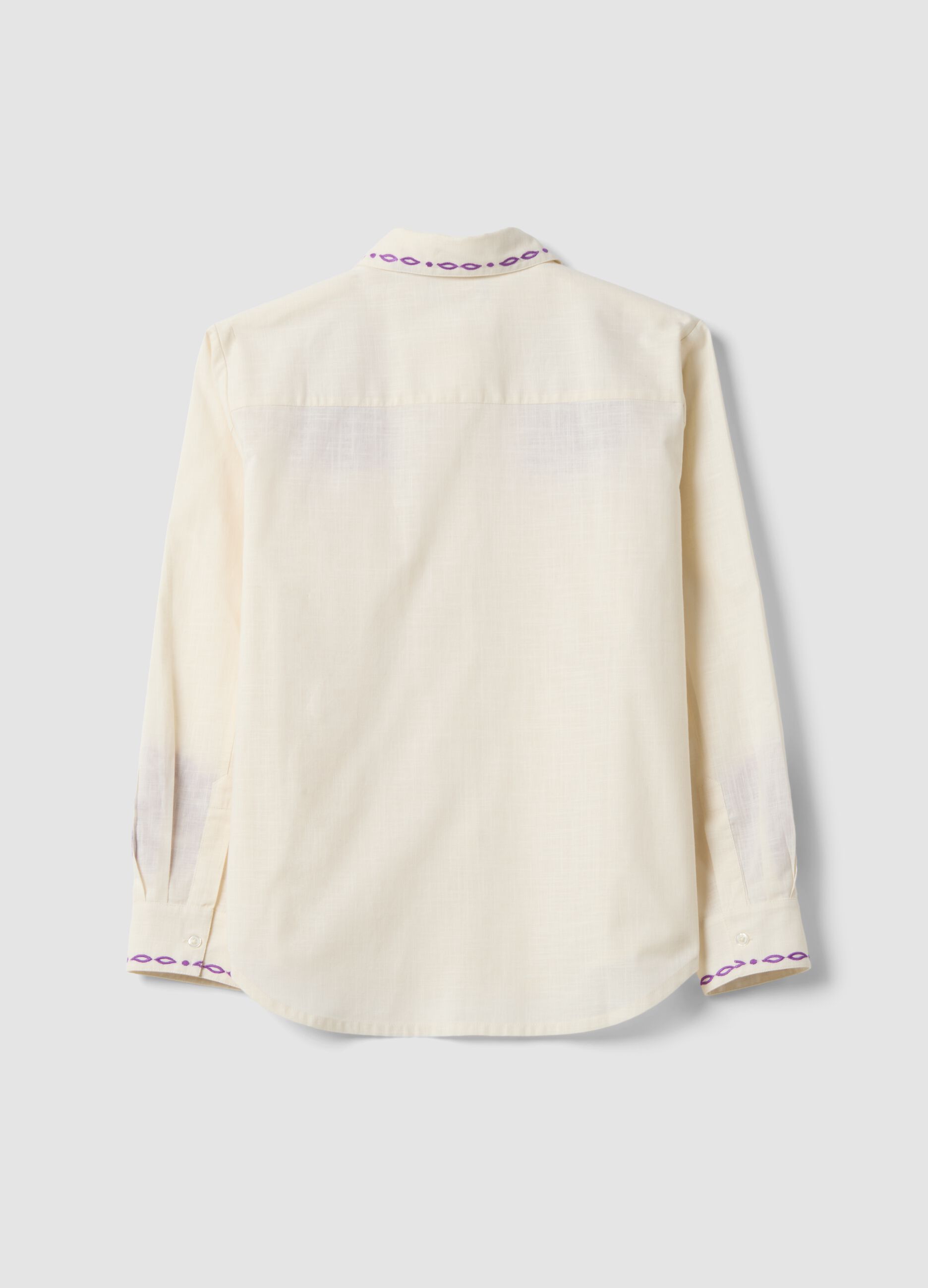 White pure cotton oversized shirt with purple embroidery