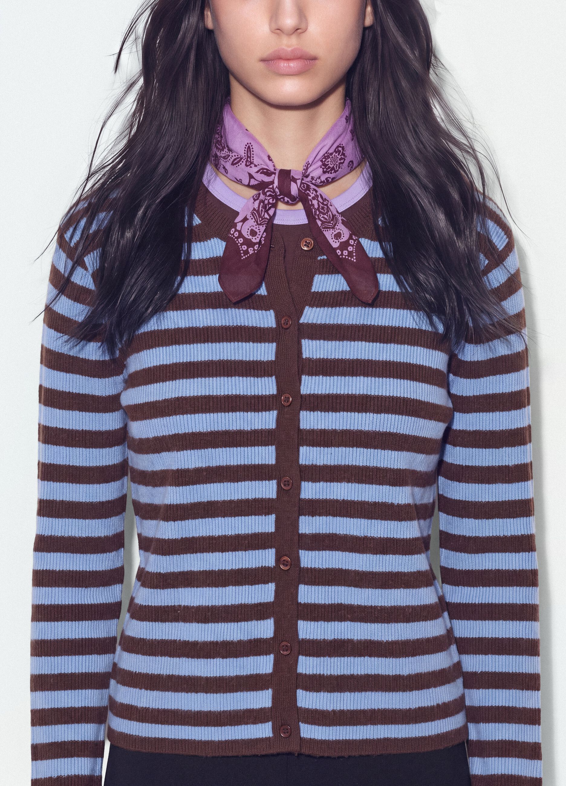 Blauer, gestreifter Oversize-Cardigan mit Rundhalsausschnitt aus Lyocell-Wollmix