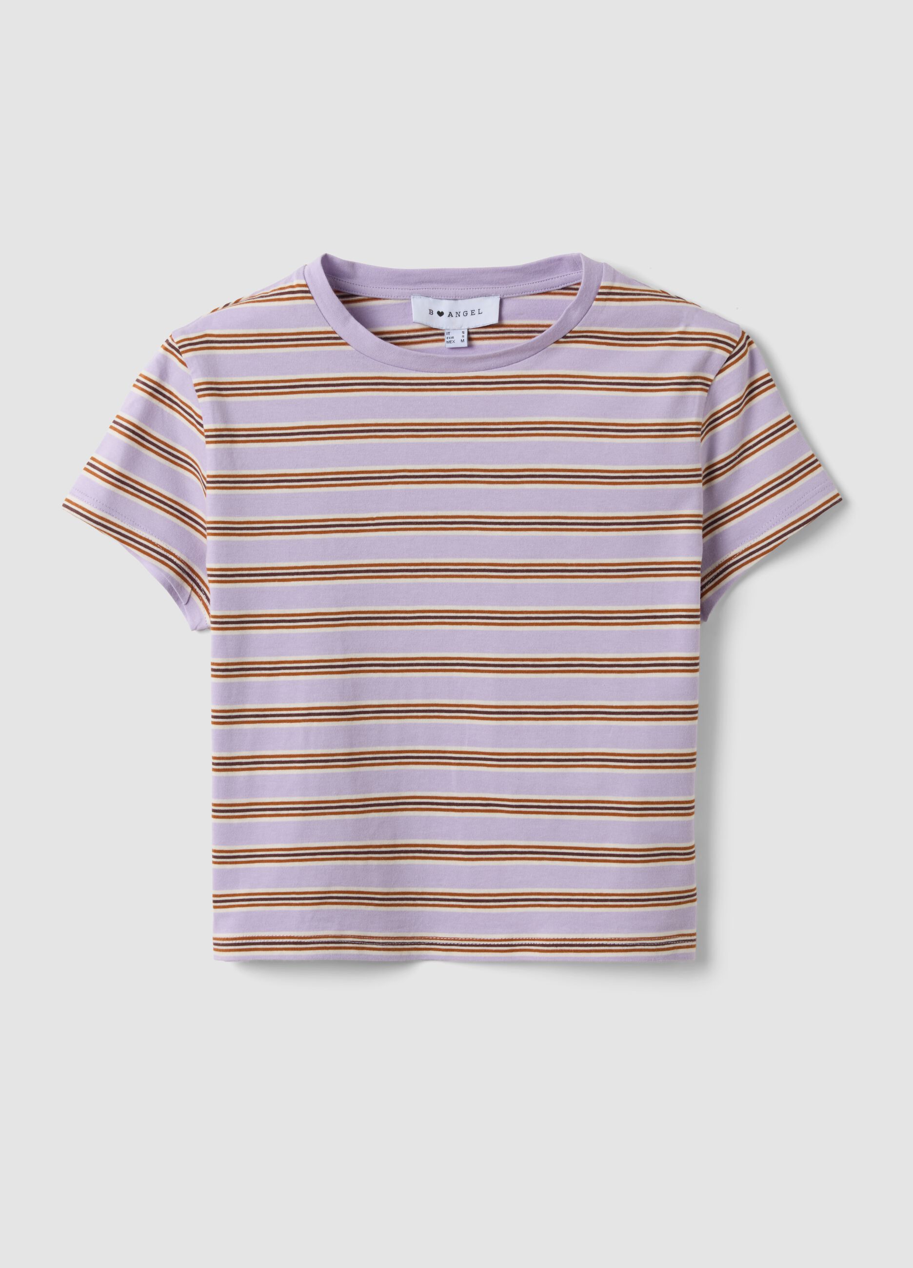 T-shirt crop viola in puro cotone a righe con stampa