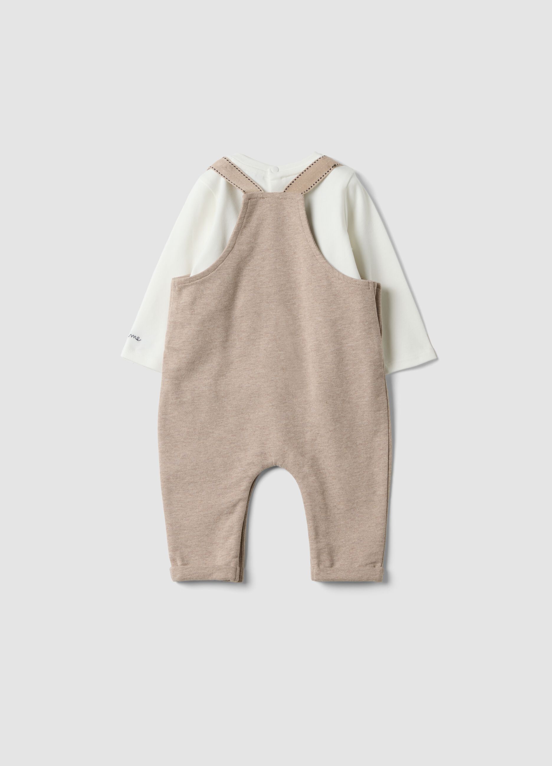 White and beige organic cotton baby set with dungarees
