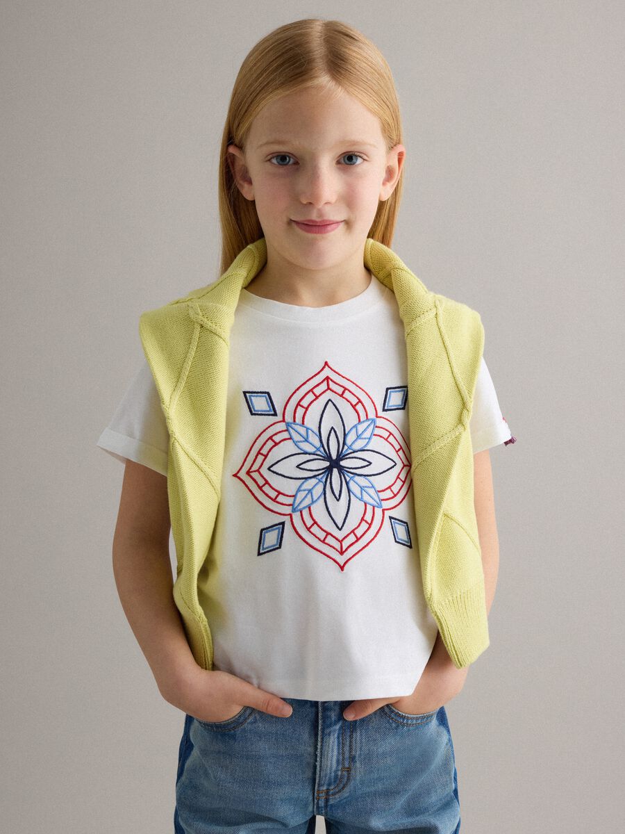 Girls' White Regular Fit Stretch Cotton T-shirt with Print_0