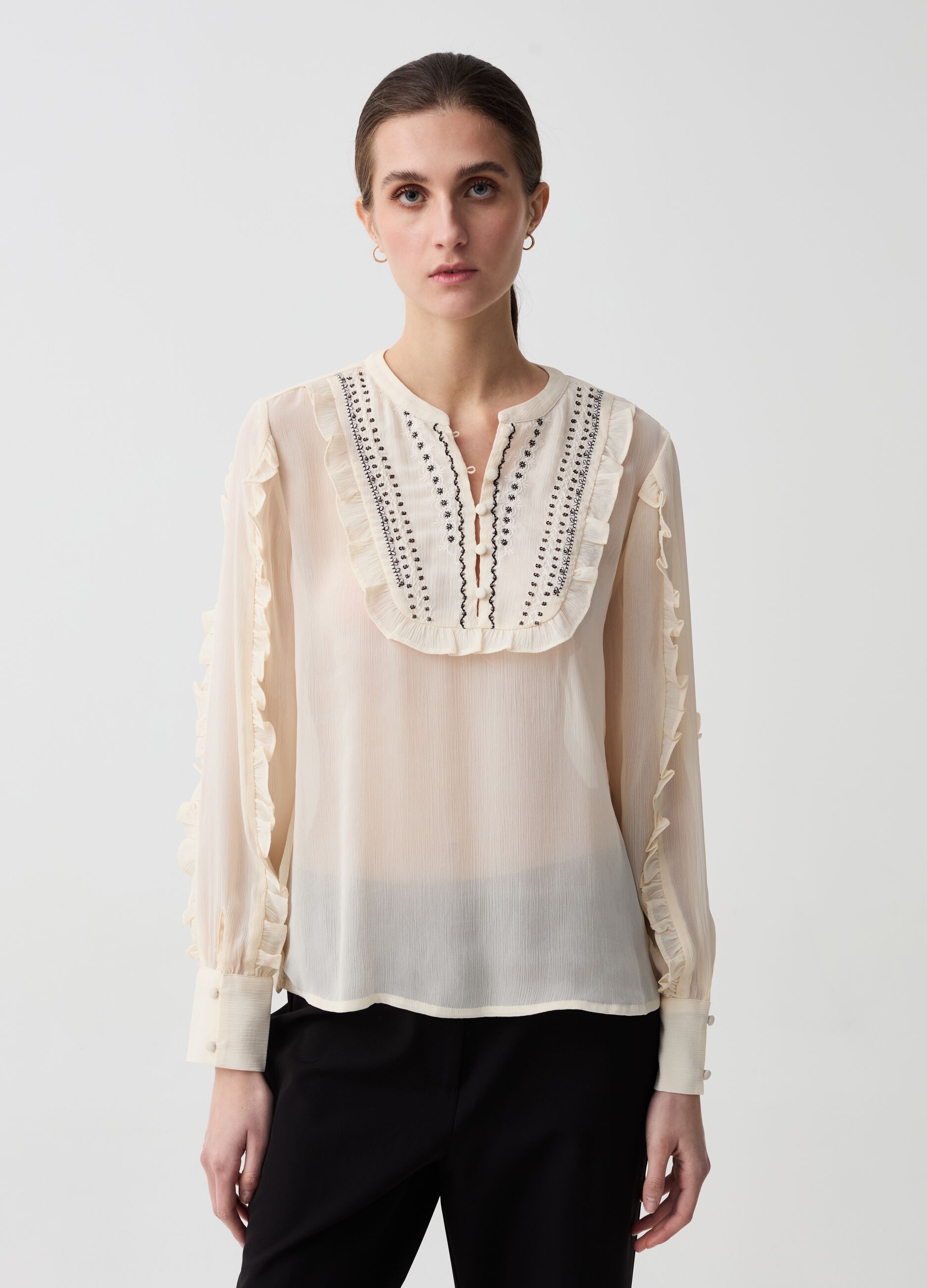 Crêpe blouse with embroidery and frills