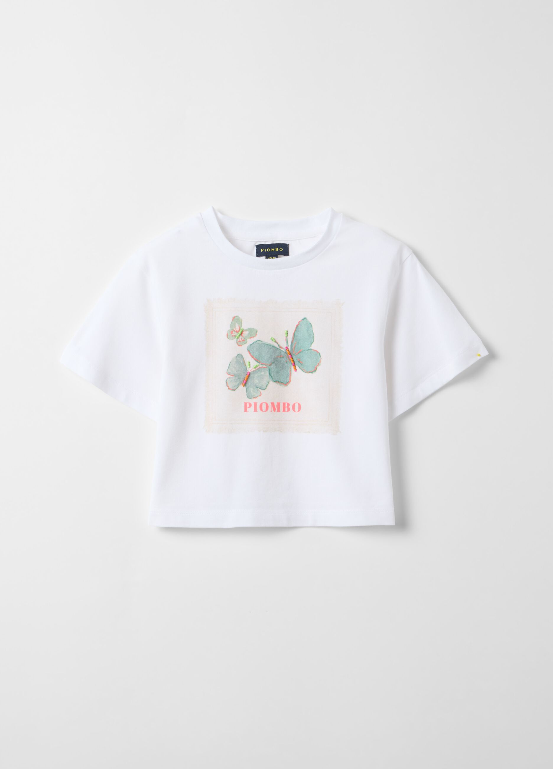 Girls&rsquo; white stretch cotton T-shirt with butterfly print