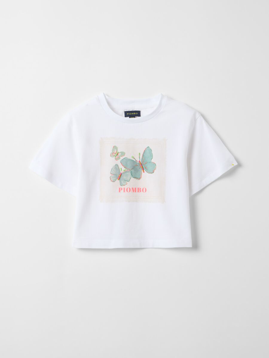 Girls&rsquo; white stretch cotton T-shirt with butterfly print_3
