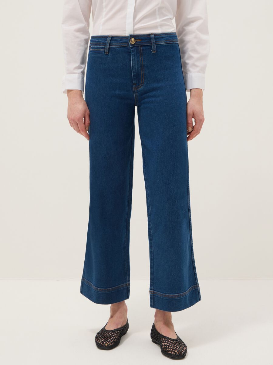 Wide leg stretch cotton blue jeans_1