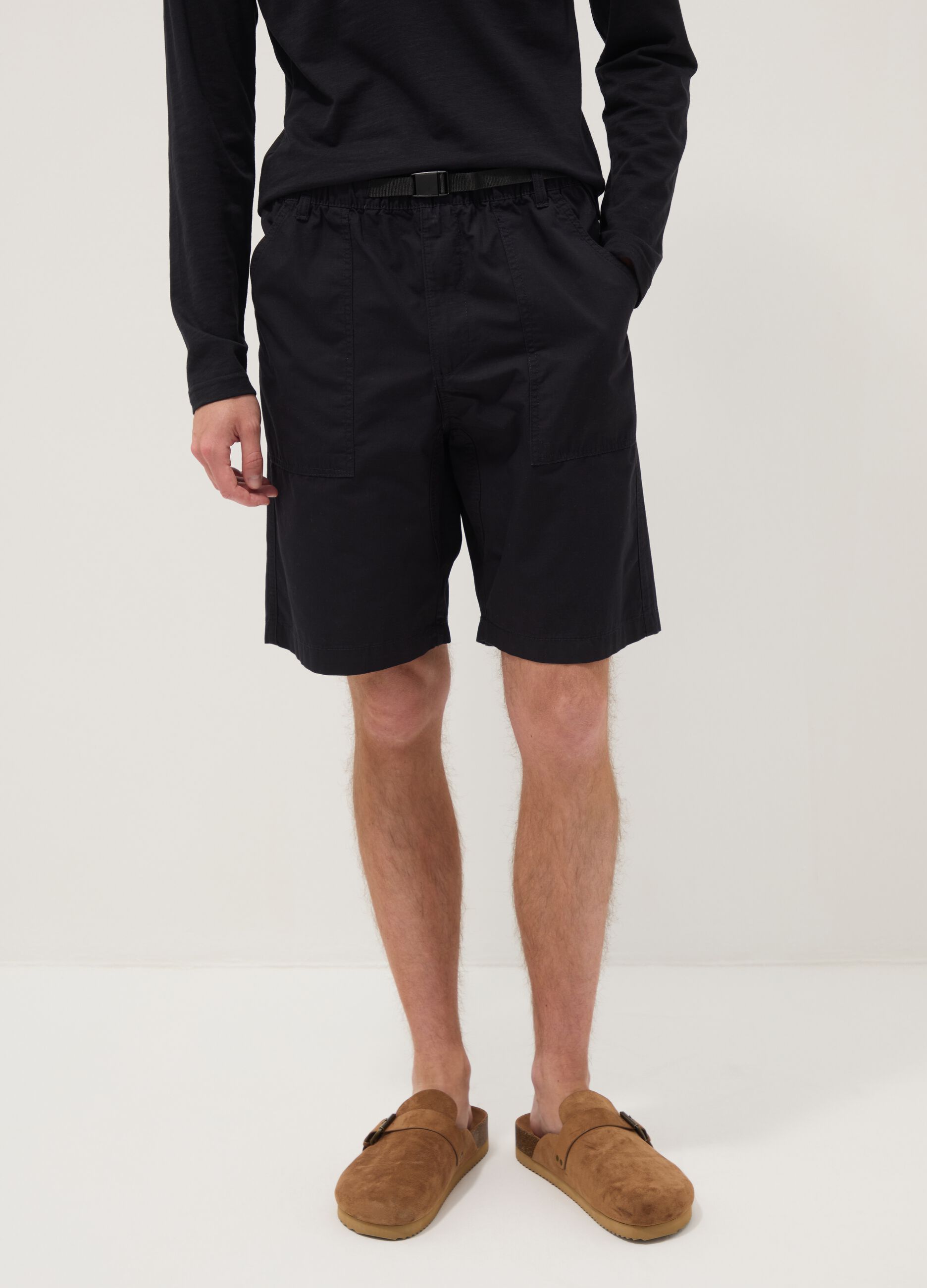 Blue pure cotton baggy-fit shorts with elasticated waistband