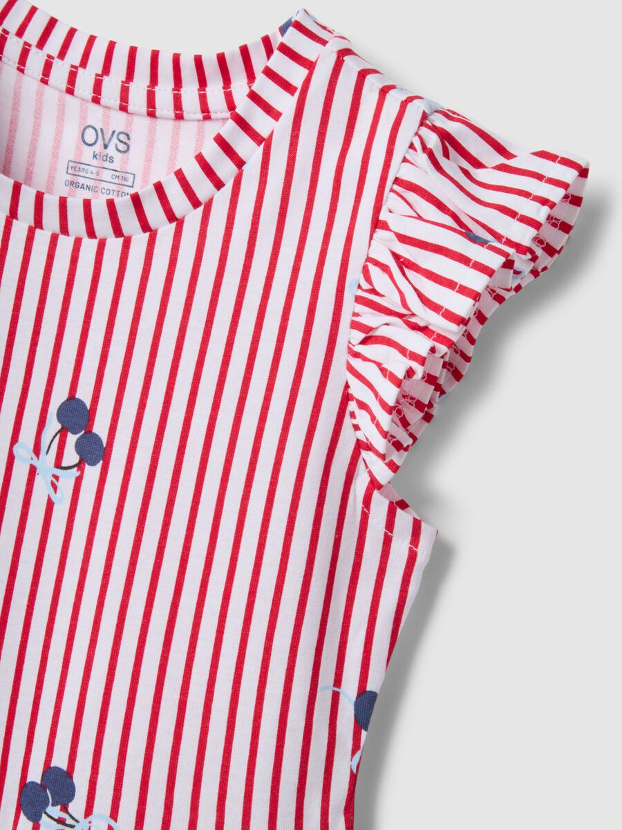 Red striped pure cotton dress with ruffles and prints for girls_2