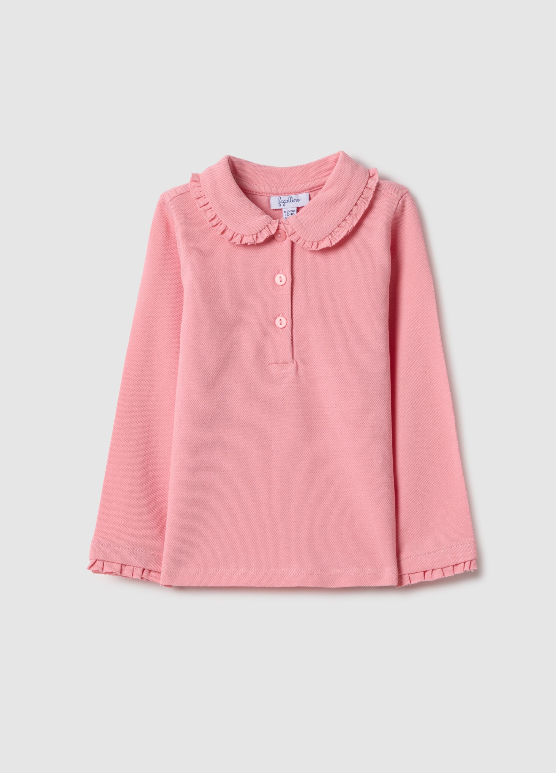 Girl's pink pure cotton polo with regular fit and ruched details