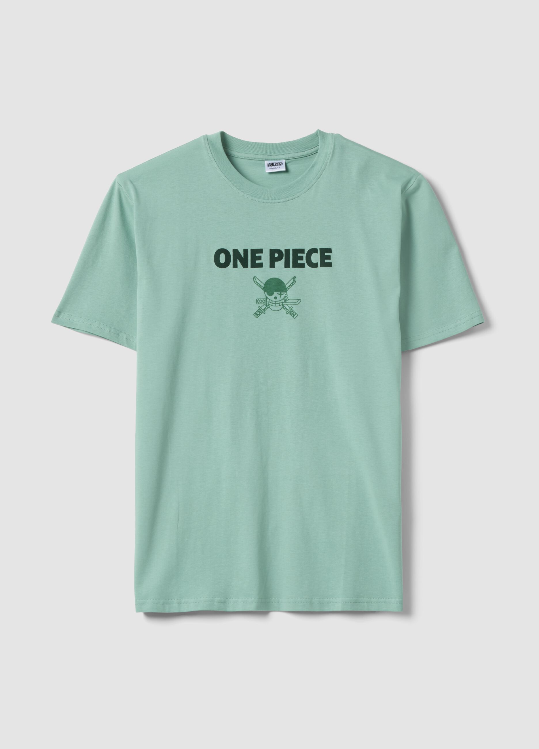 Gr&uuml;nes T-Shirt aus reiner Baumwolle mit One Piece-Schriftzug, Relaxed Fit