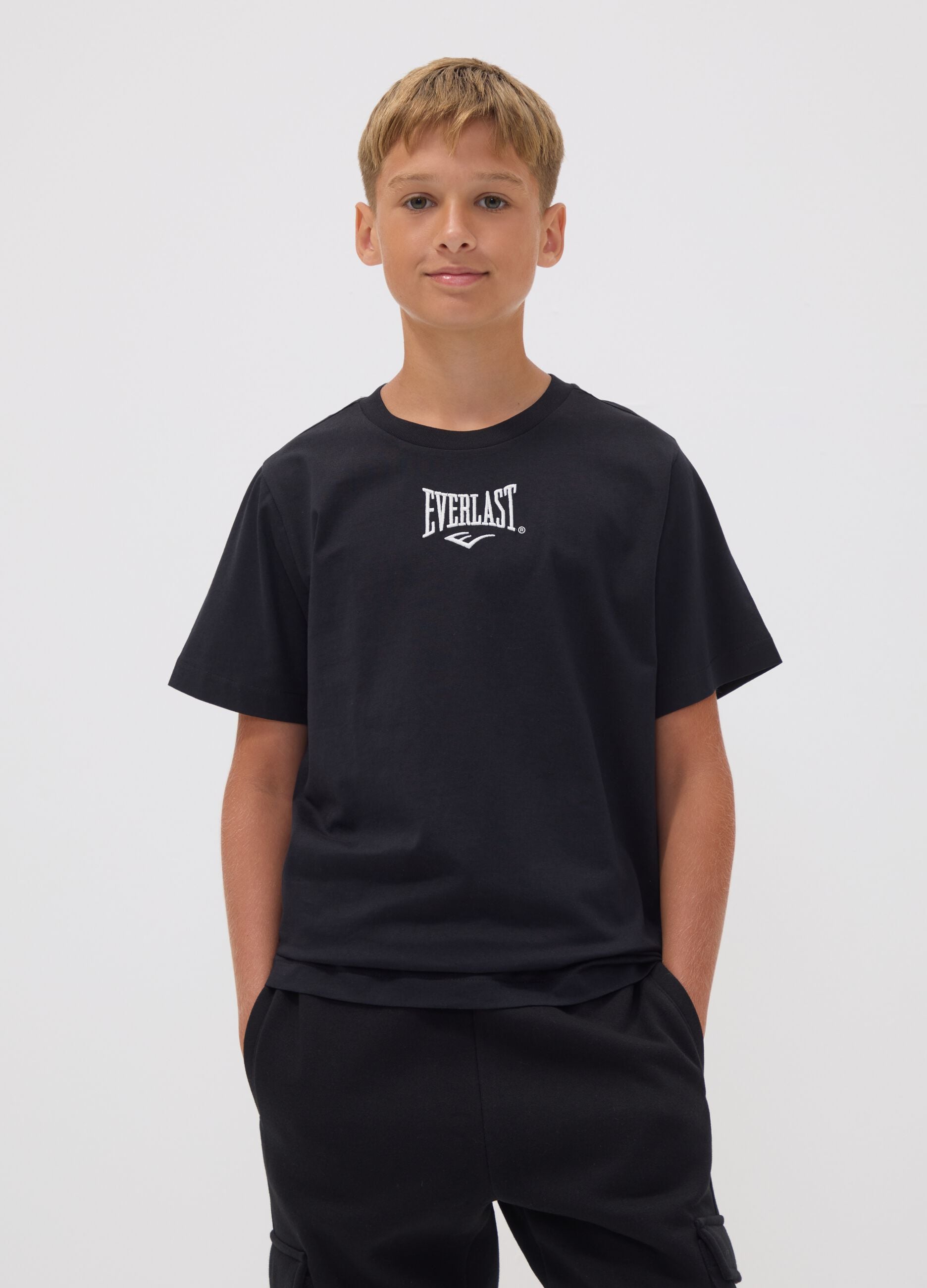 Schwarzes T-Shirt aus reiner Baumwolle mit Logo, Regular Fit, f&uuml;r Jungen