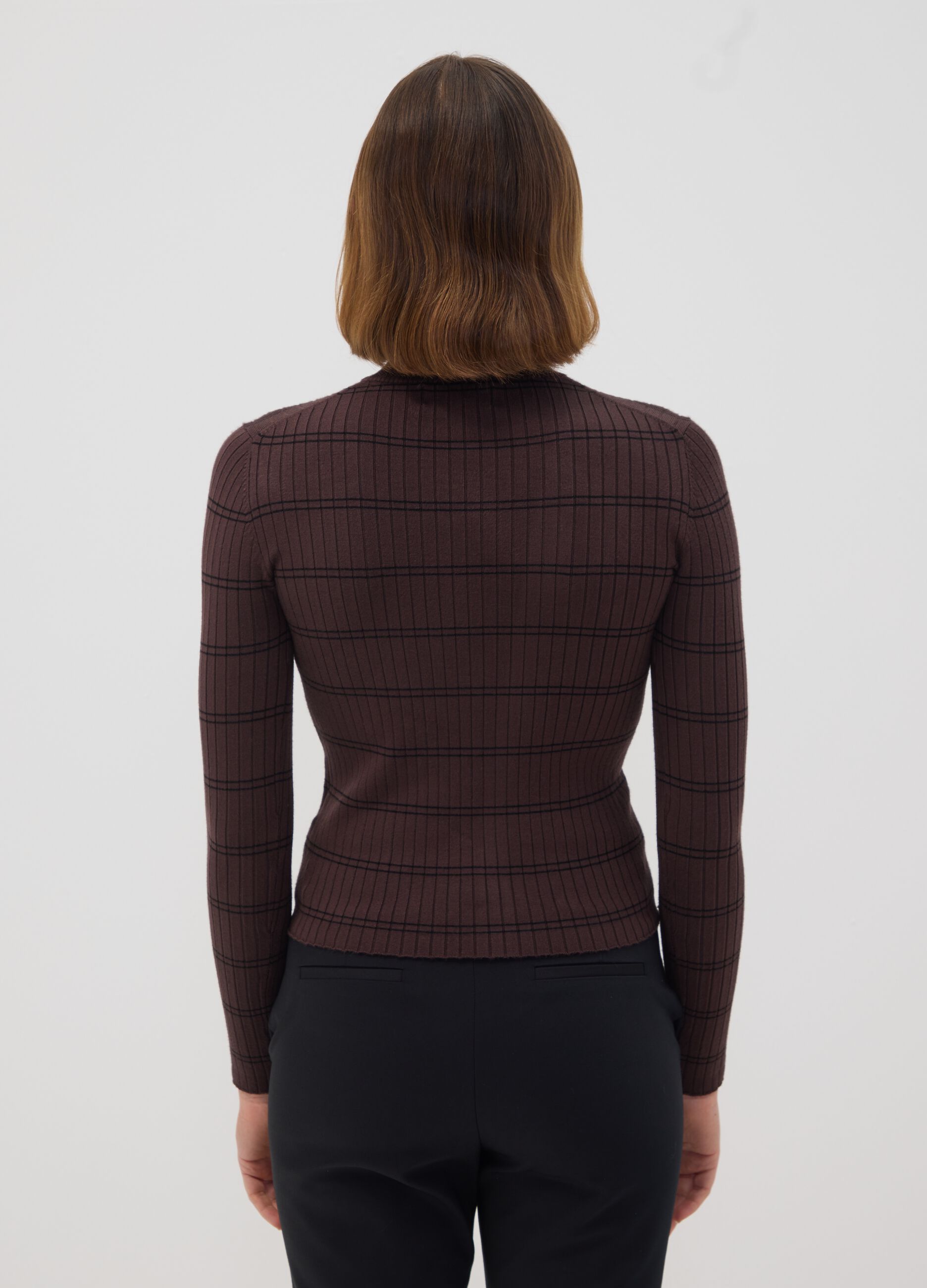 Brown fitted viscose-blend jumper with mock neck