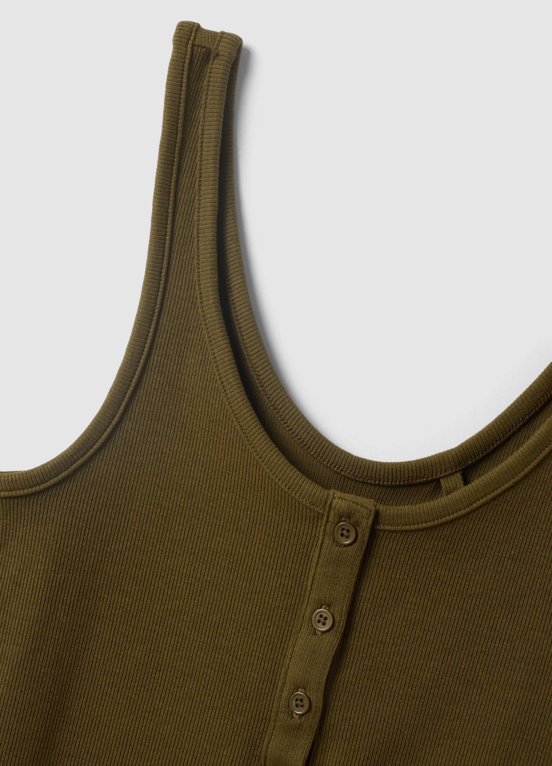 Green stretch cotton tank top with buttons, regular fit