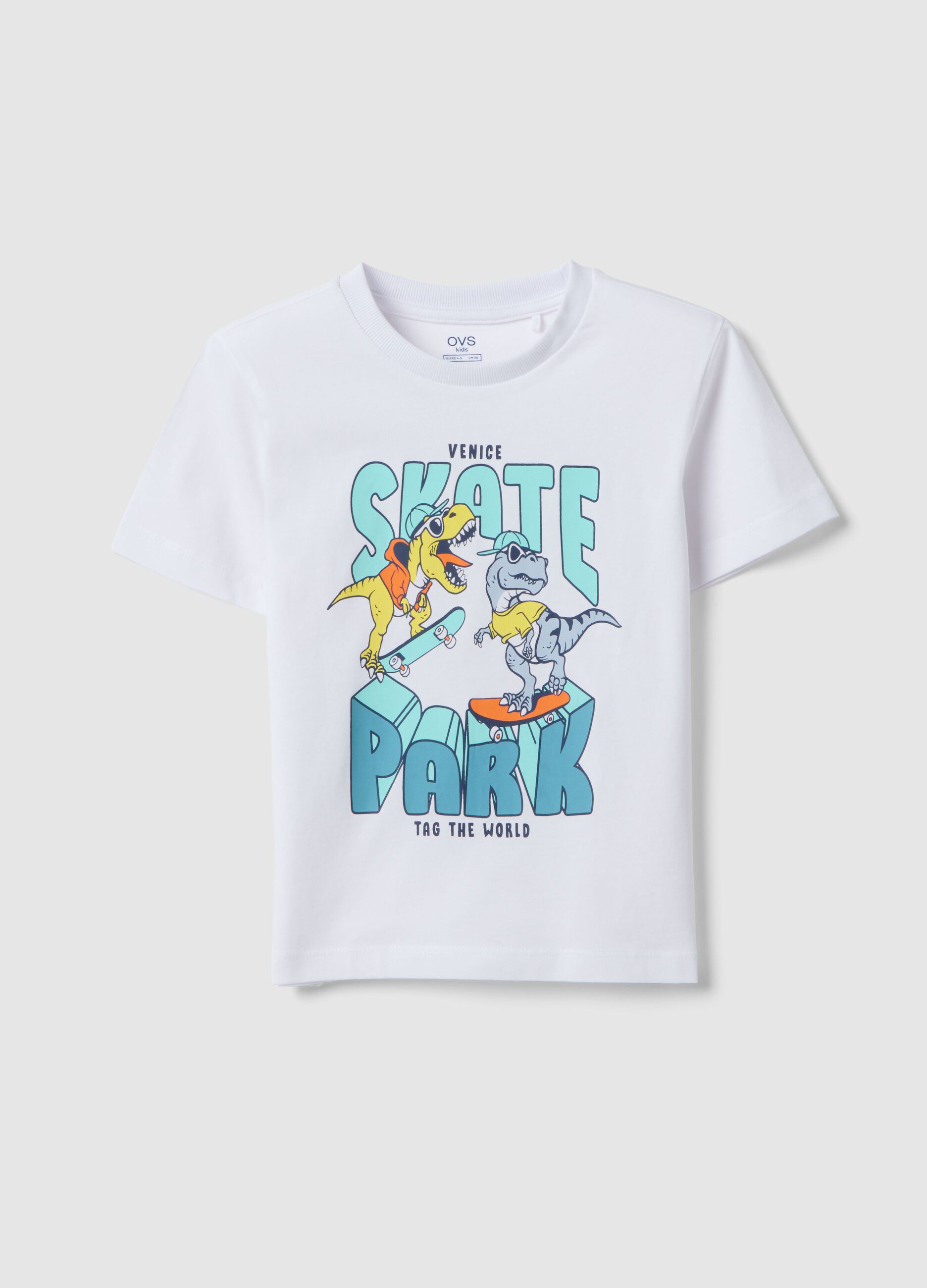 White pure cotton oversized children T-shirt with dinosaurs