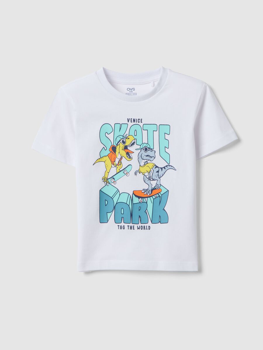 T-shirt in puro cotone bianca da bambino oversize fit con dinosauri_0