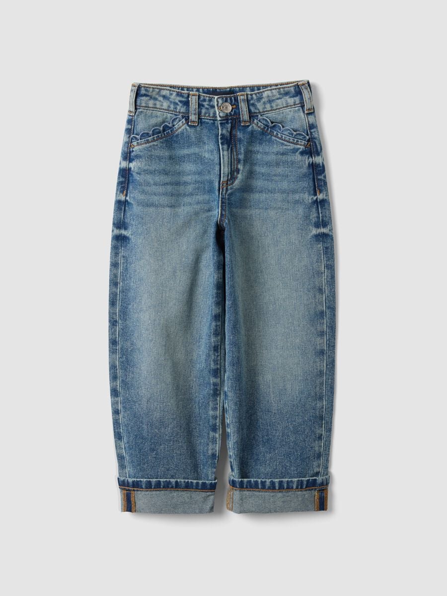 Jeans blu in puro cotone straight fit con passanti per bambina_0