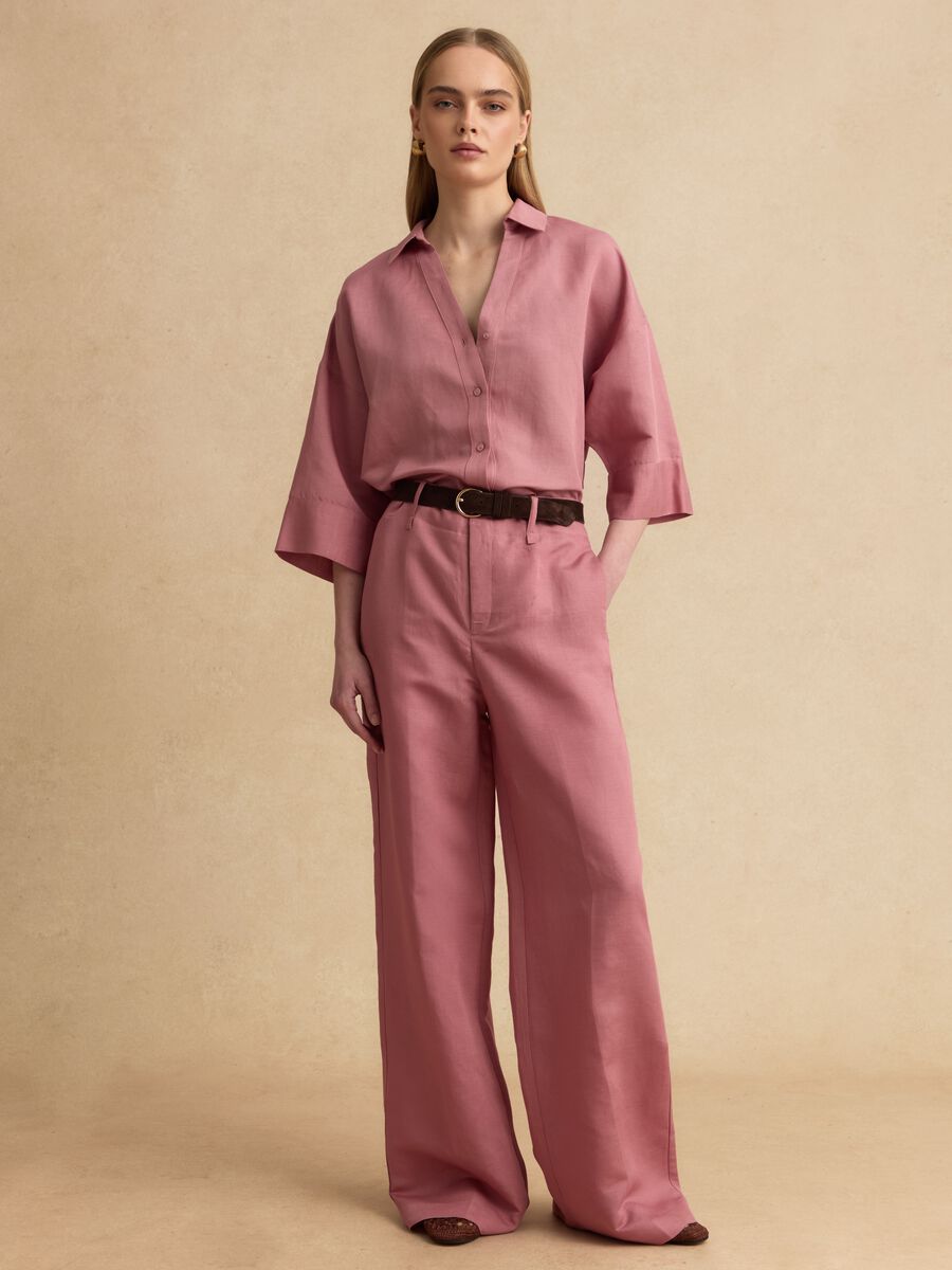 Pink linen-viscose blend wide-leg trousers with structured waistband_0